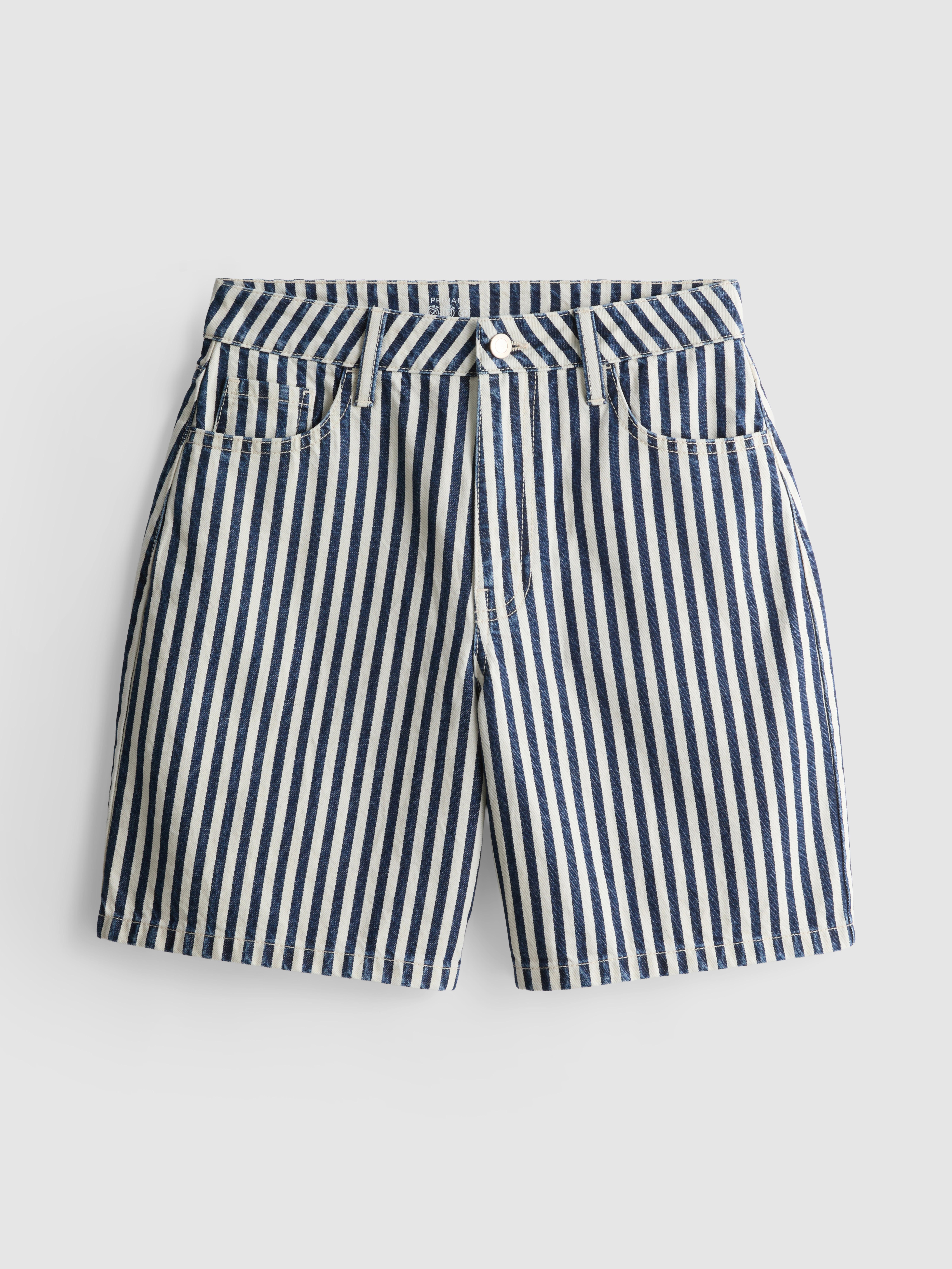 Cotton Denim Striped Bermuda Shorts