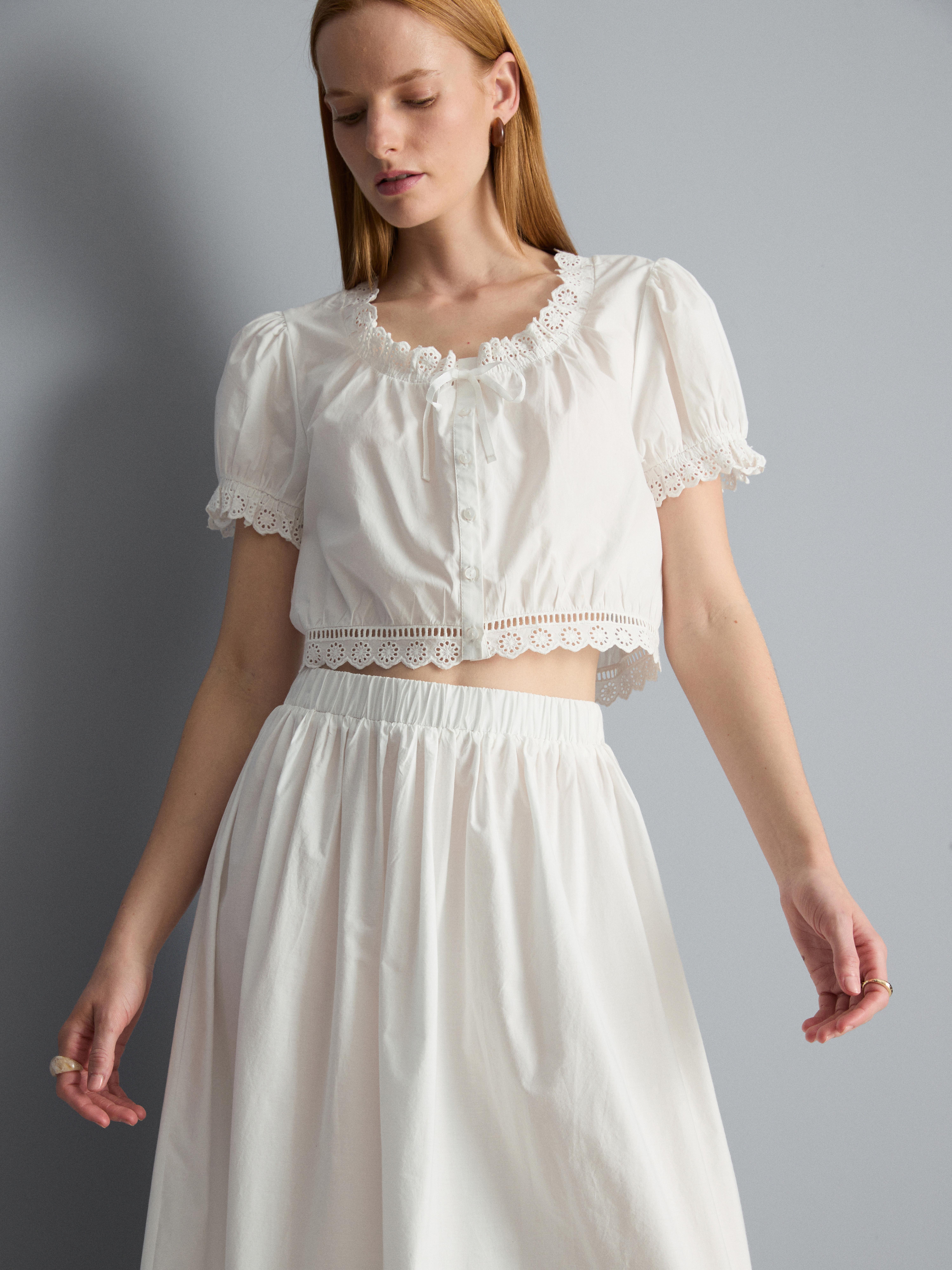 Cotton Cropped Puff Sleeve Poplin Top