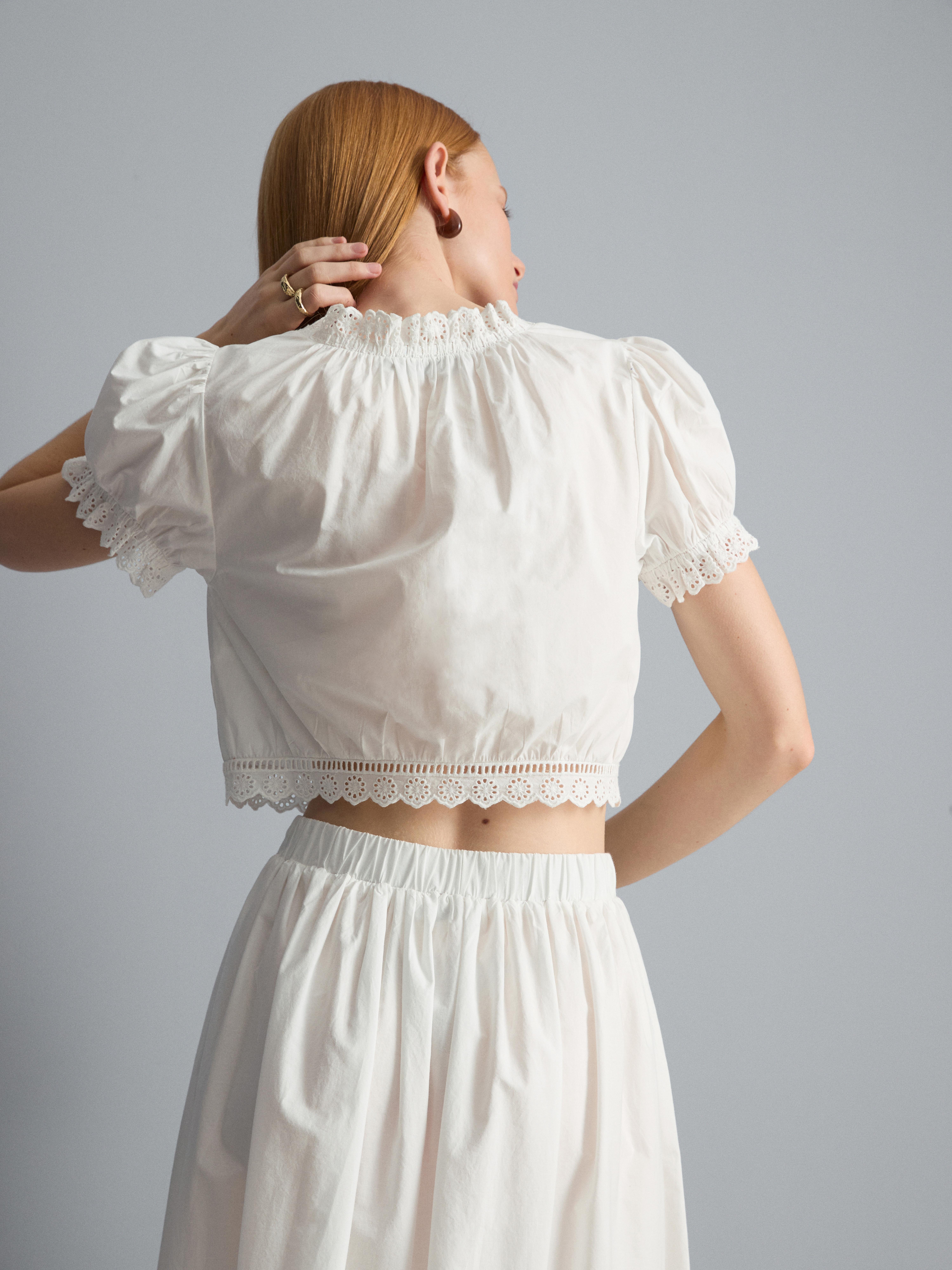 Cotton Cropped Puff Sleeve Poplin Top