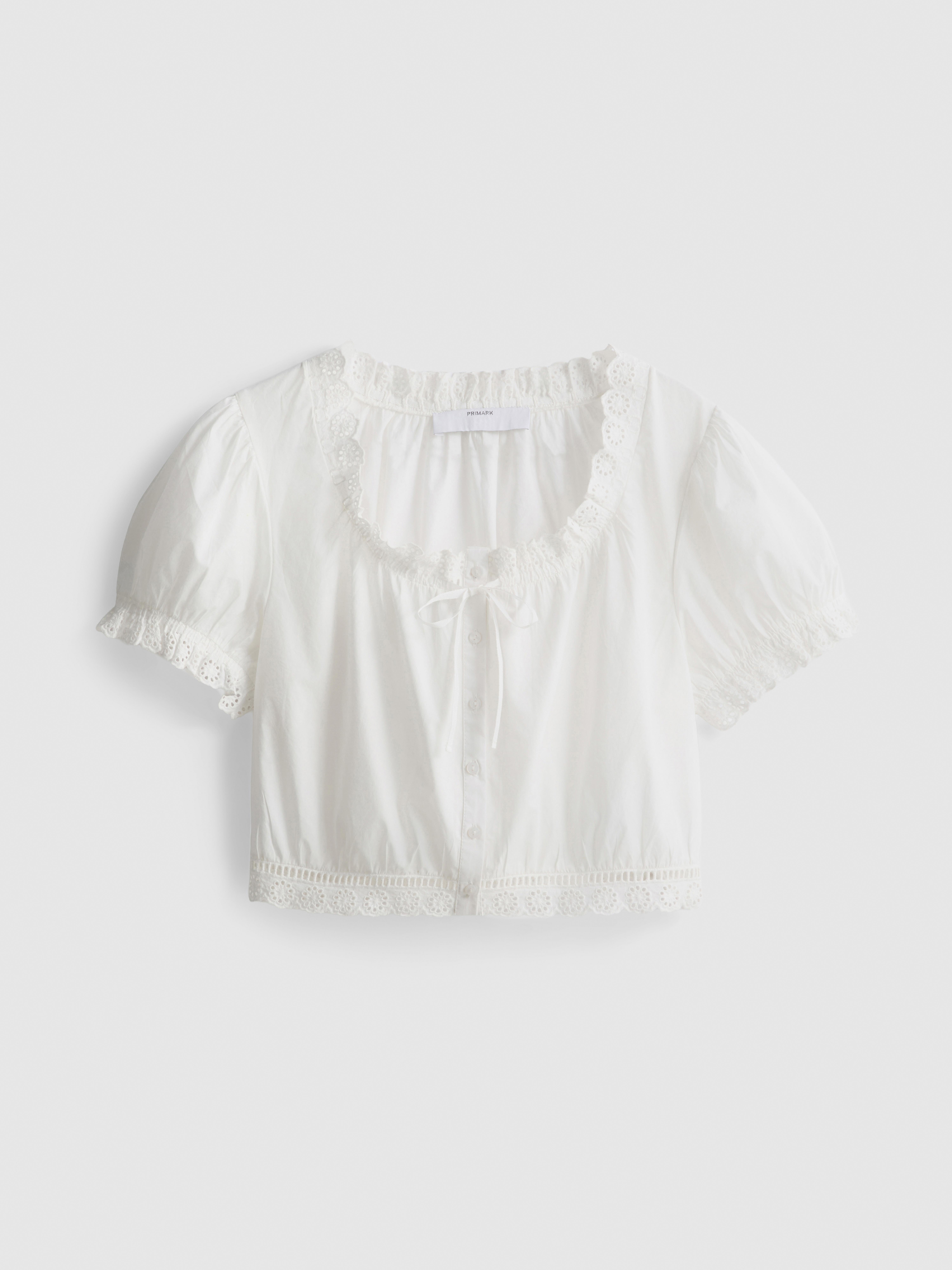 Cotton Cropped Puff Sleeve Poplin Top