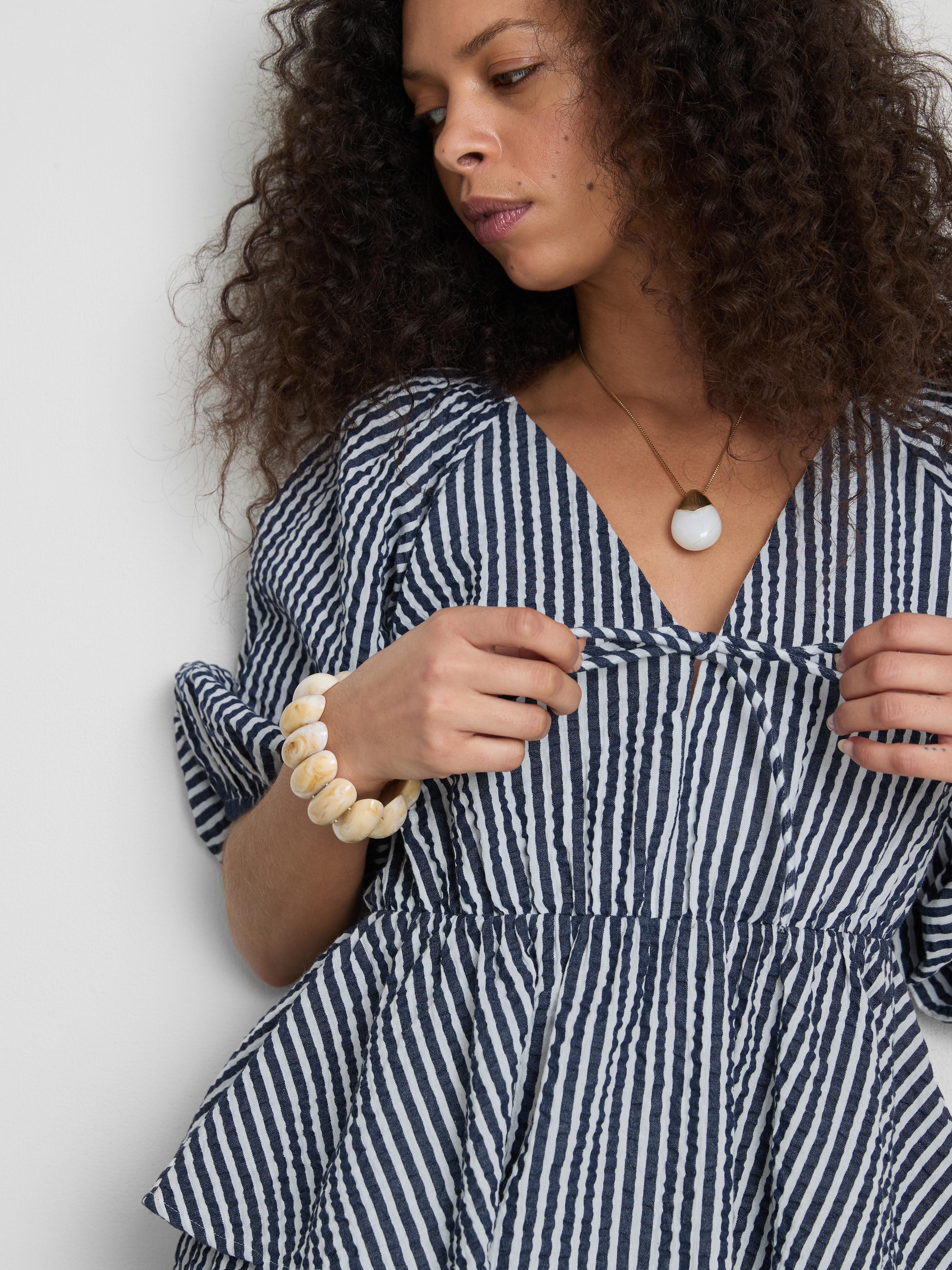 Paula Echevarría Striped Seersucker Puff-Sleeve Blouse