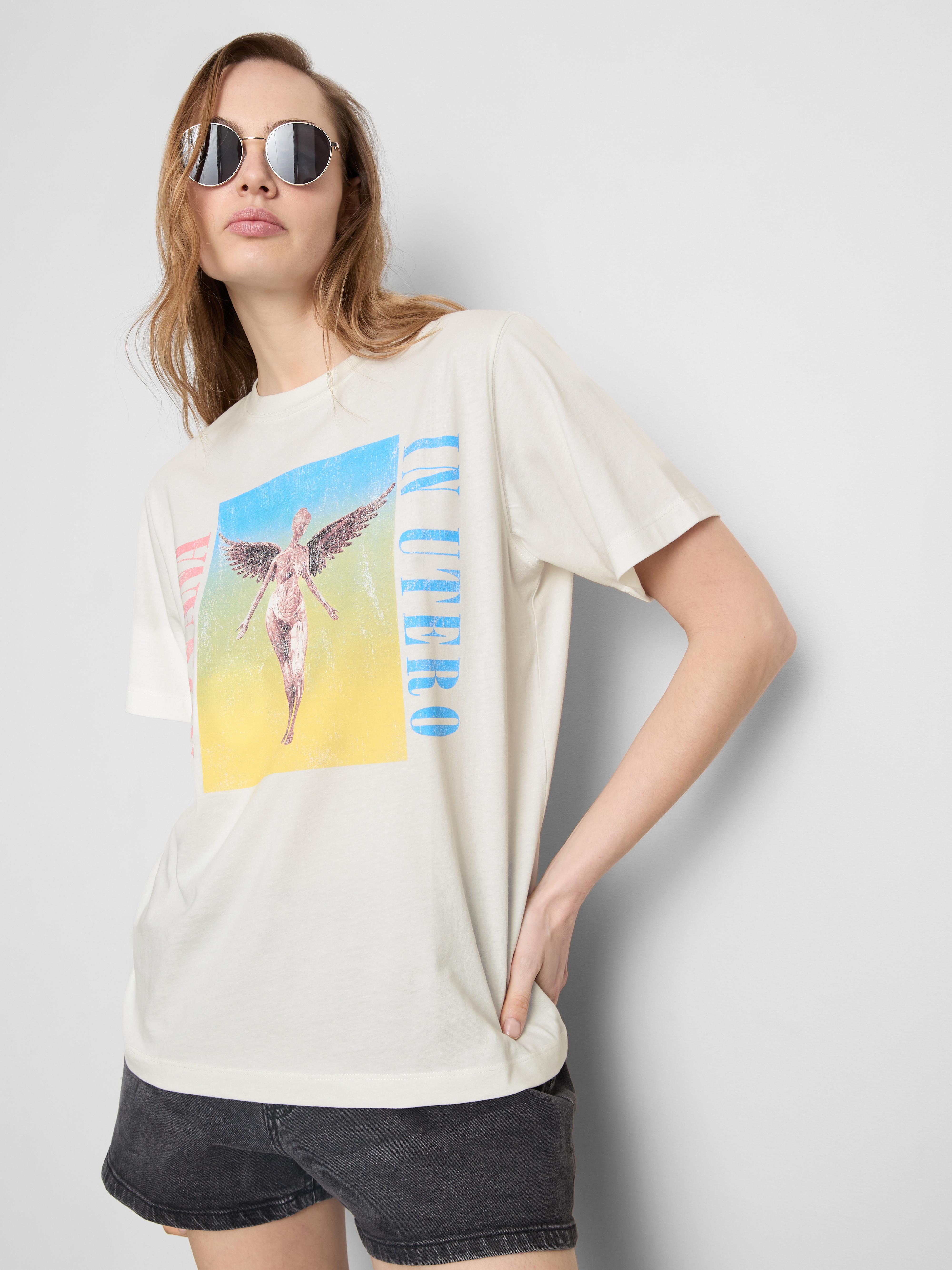Tricou din bumbac cu turneu Nirvana și model curcubeu
