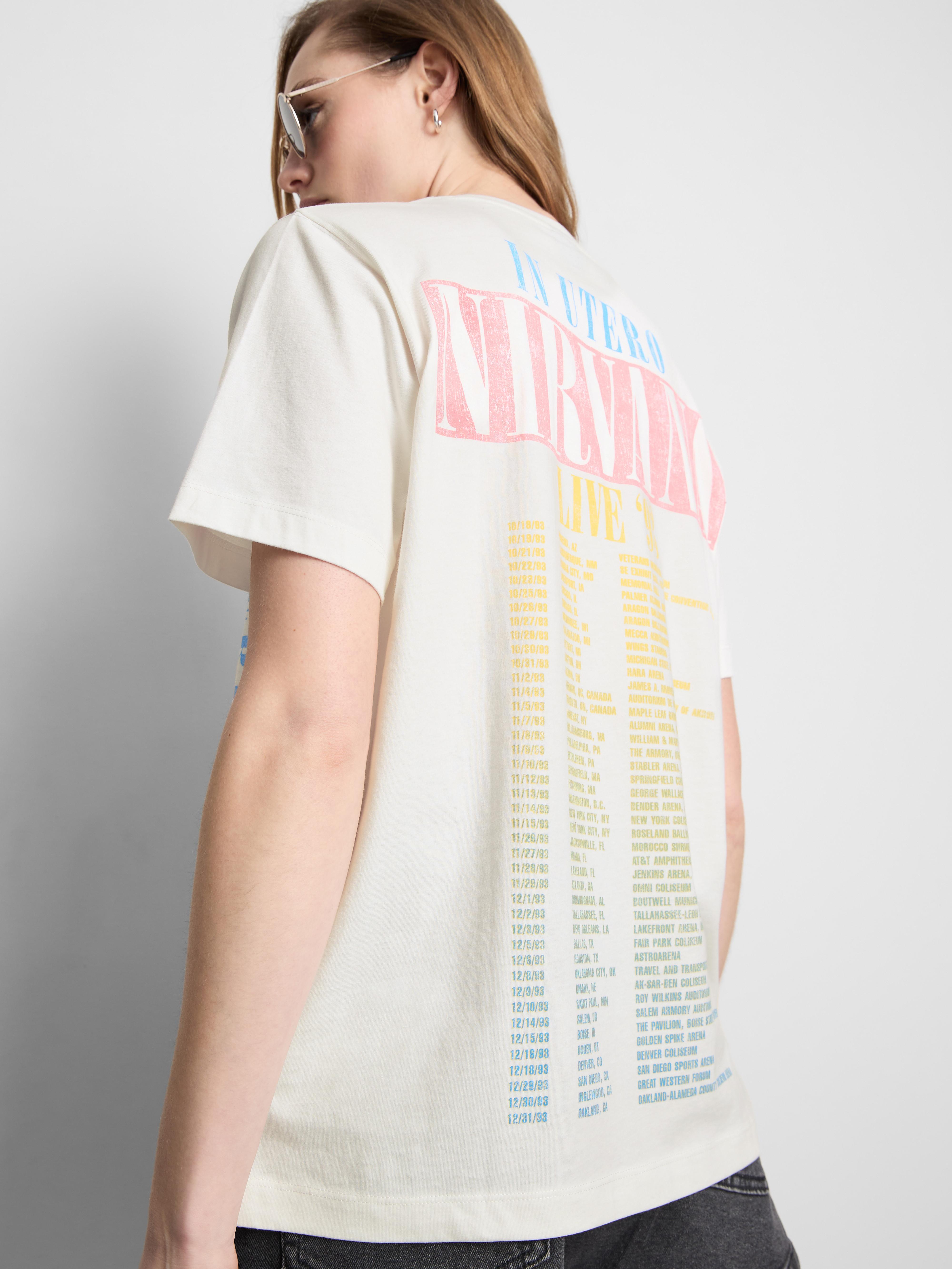 Tricou din bumbac cu turneu Nirvana și model curcubeu