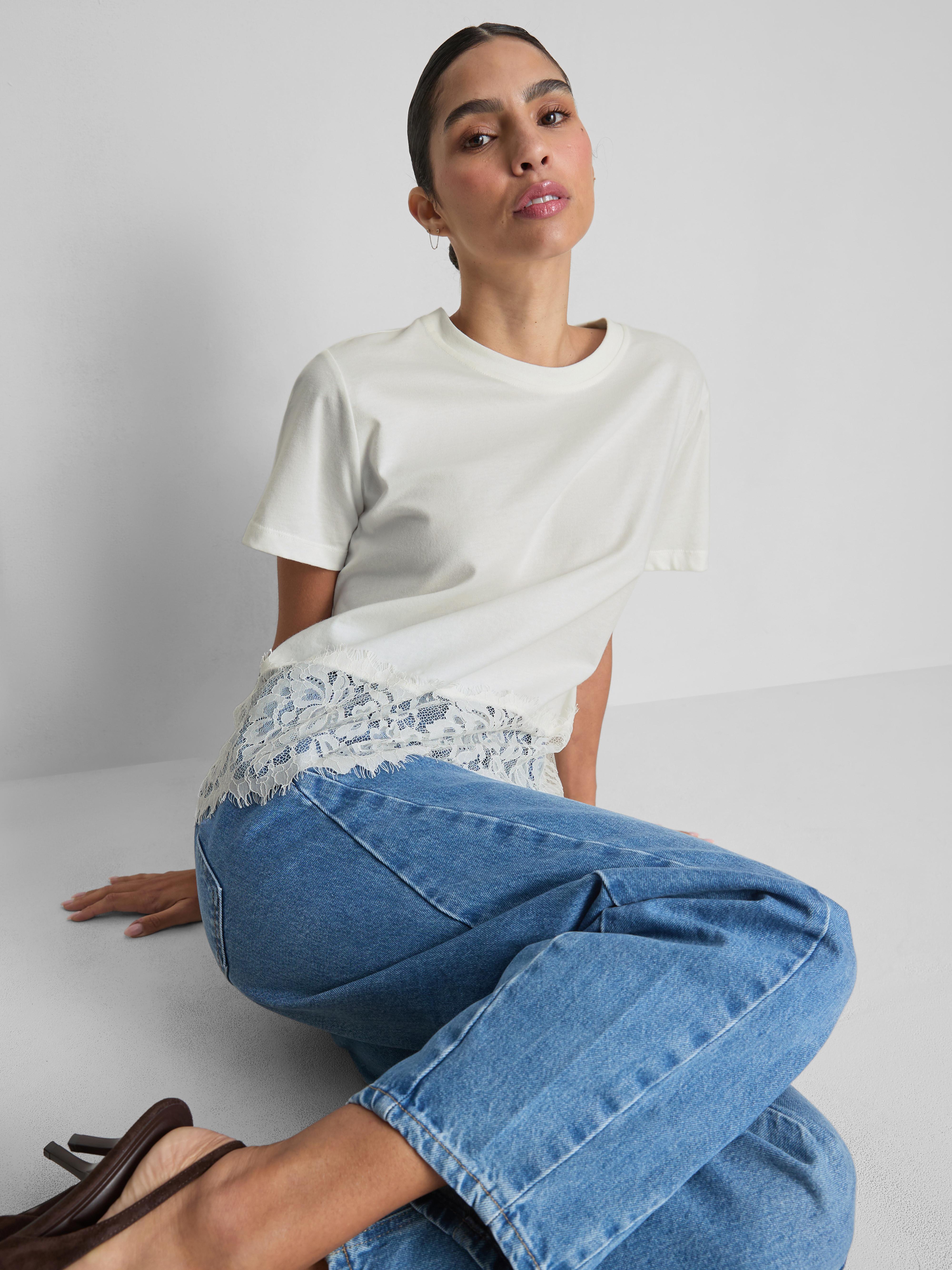 Katoenen T-shirt met kanten rand By Coleen - Ivoorwit - Dames | Primark