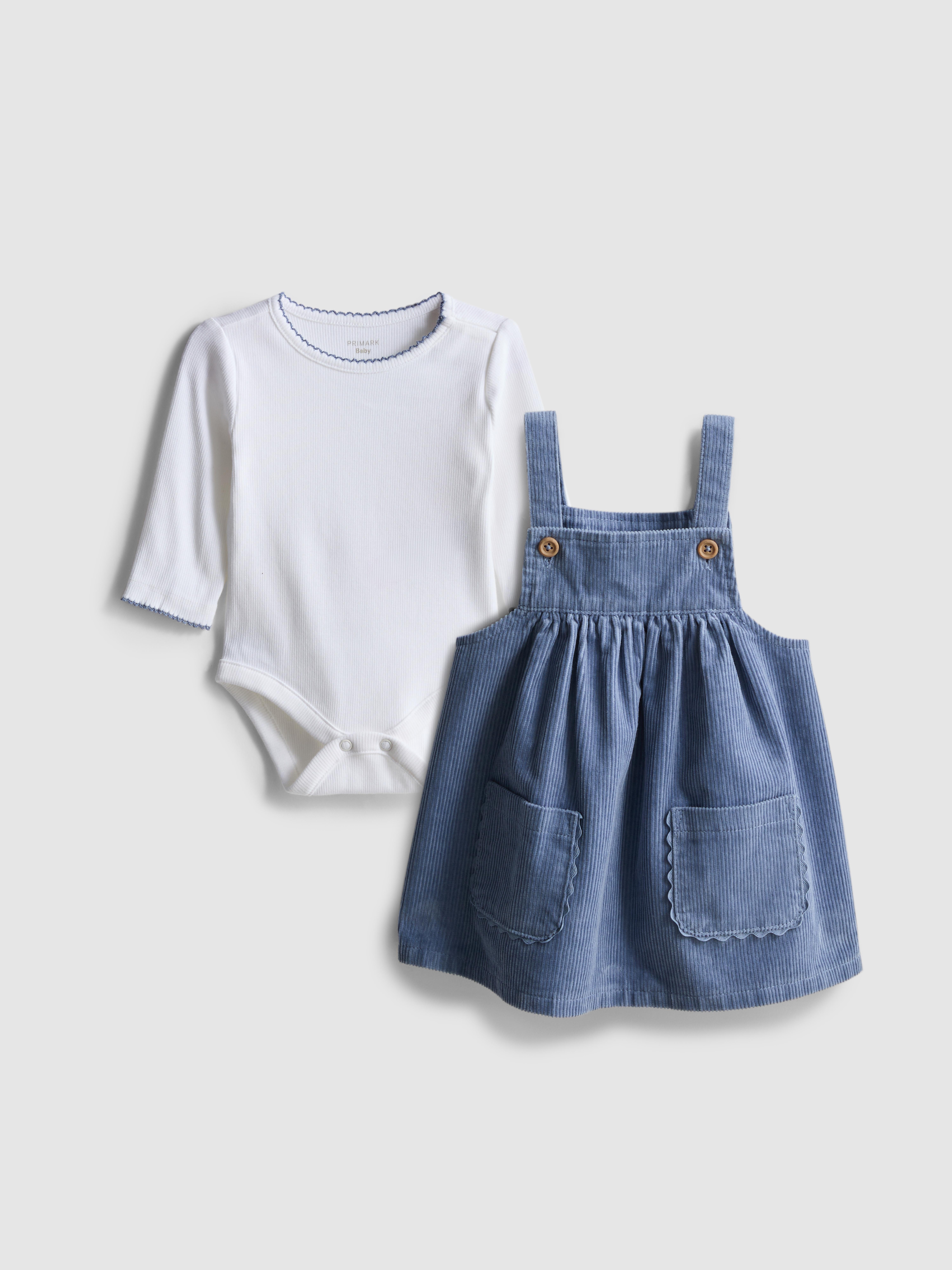 0-18mths | Onesie and Corduroy Overall Dress Newborn Set