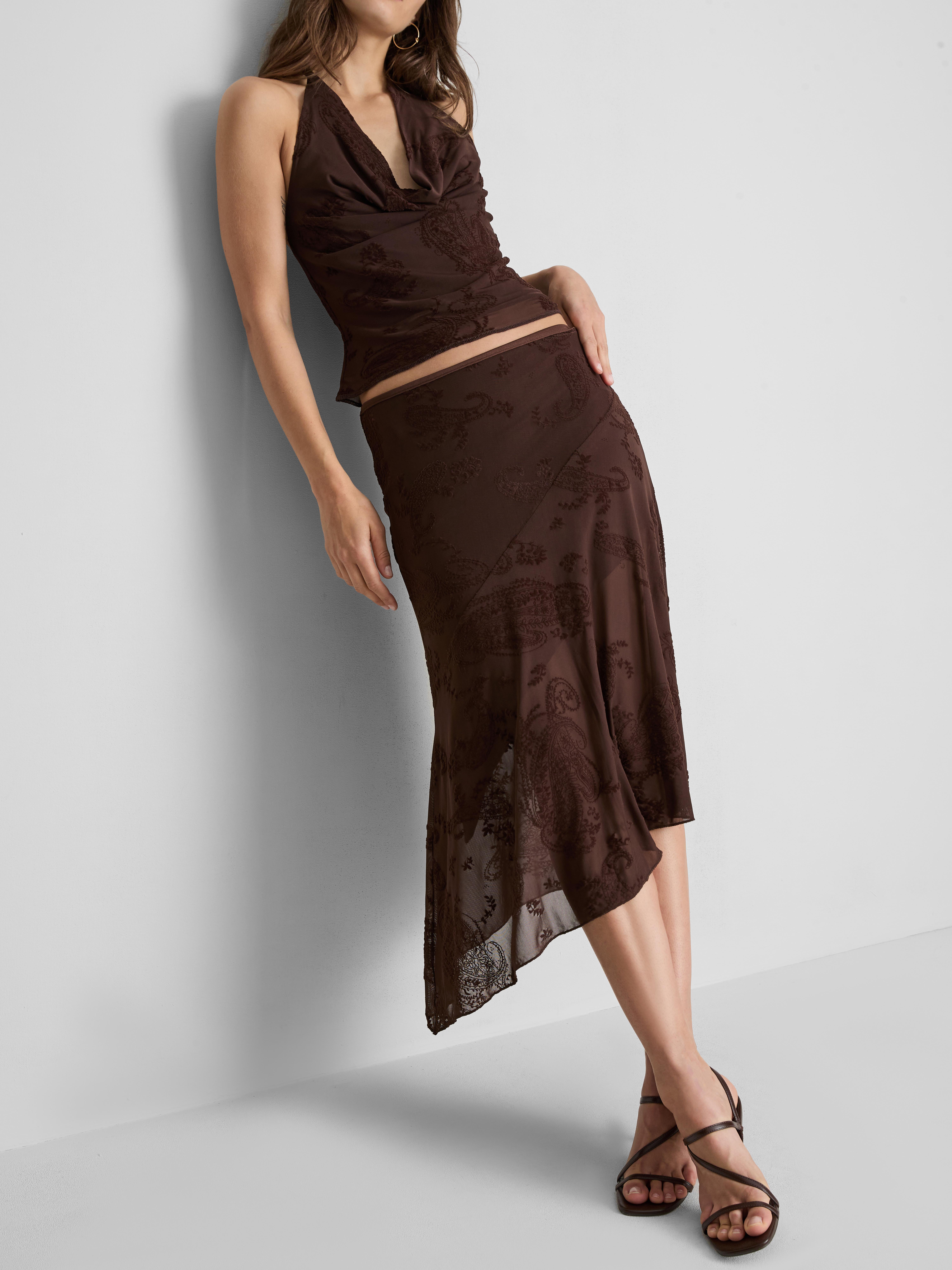 Asymmetric Mesh Paisley Midi Skirt