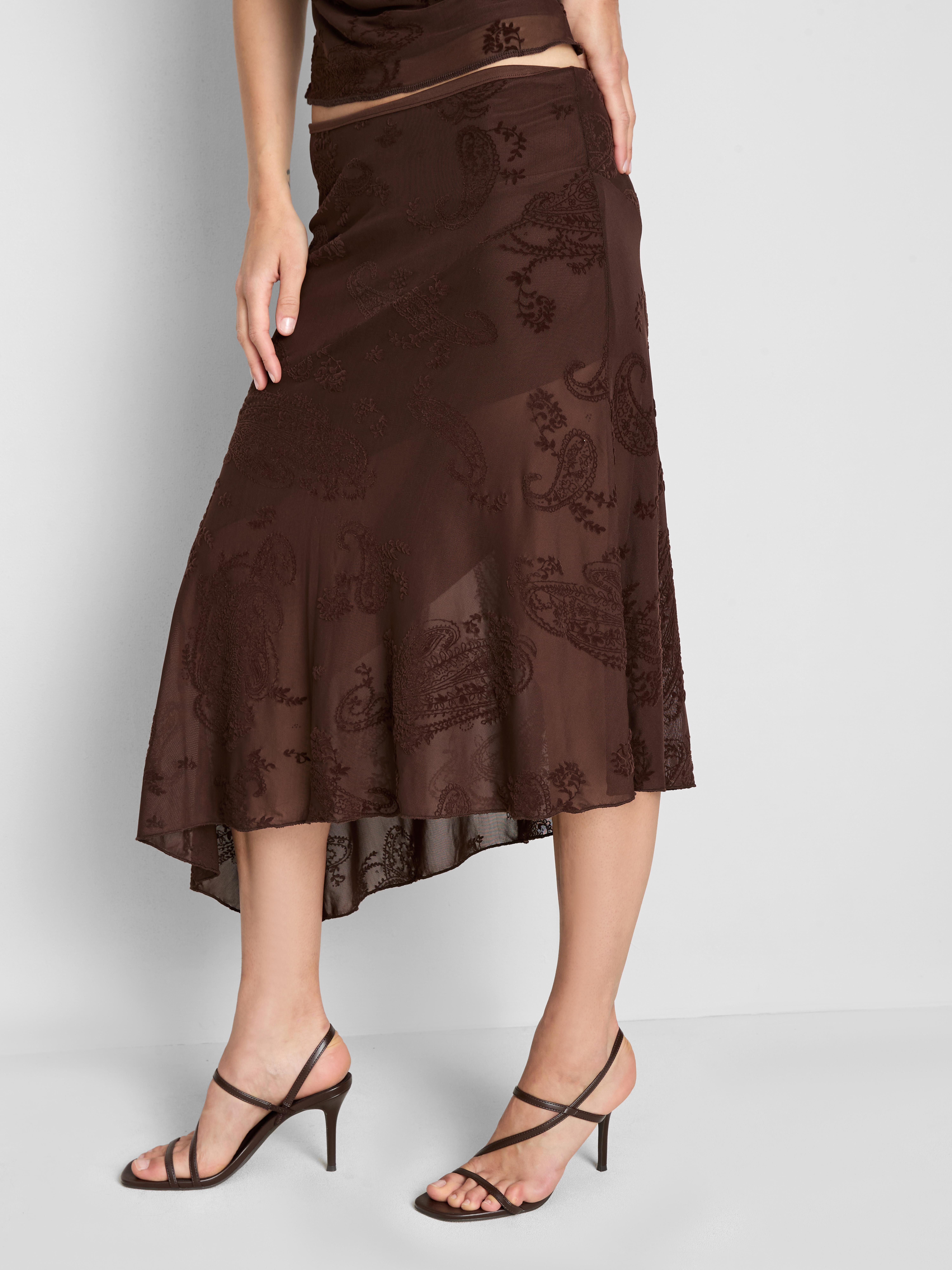 Asymmetric Mesh Paisley Midi Skirt