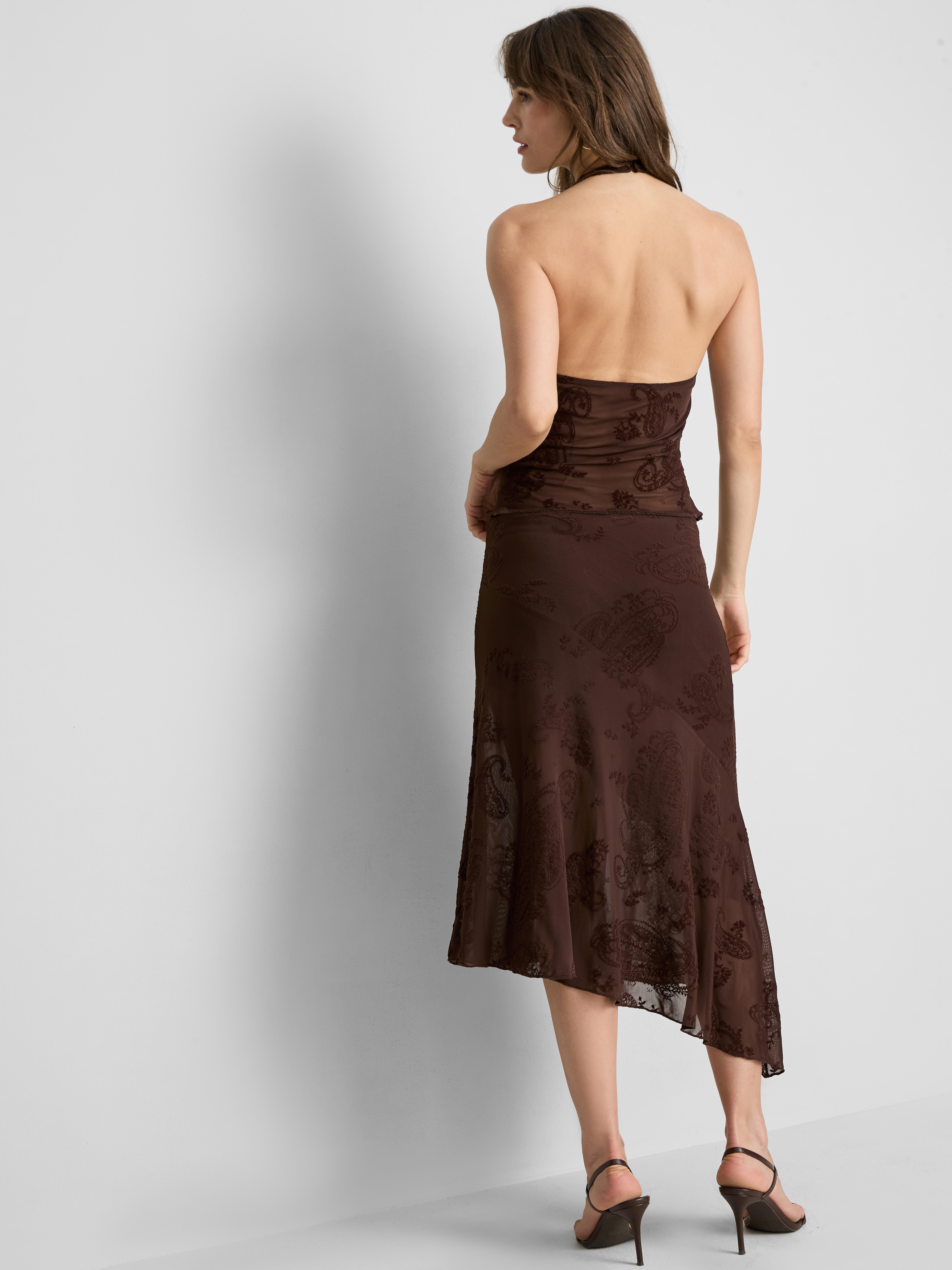 Asymmetric Mesh Paisley Midi Skirt