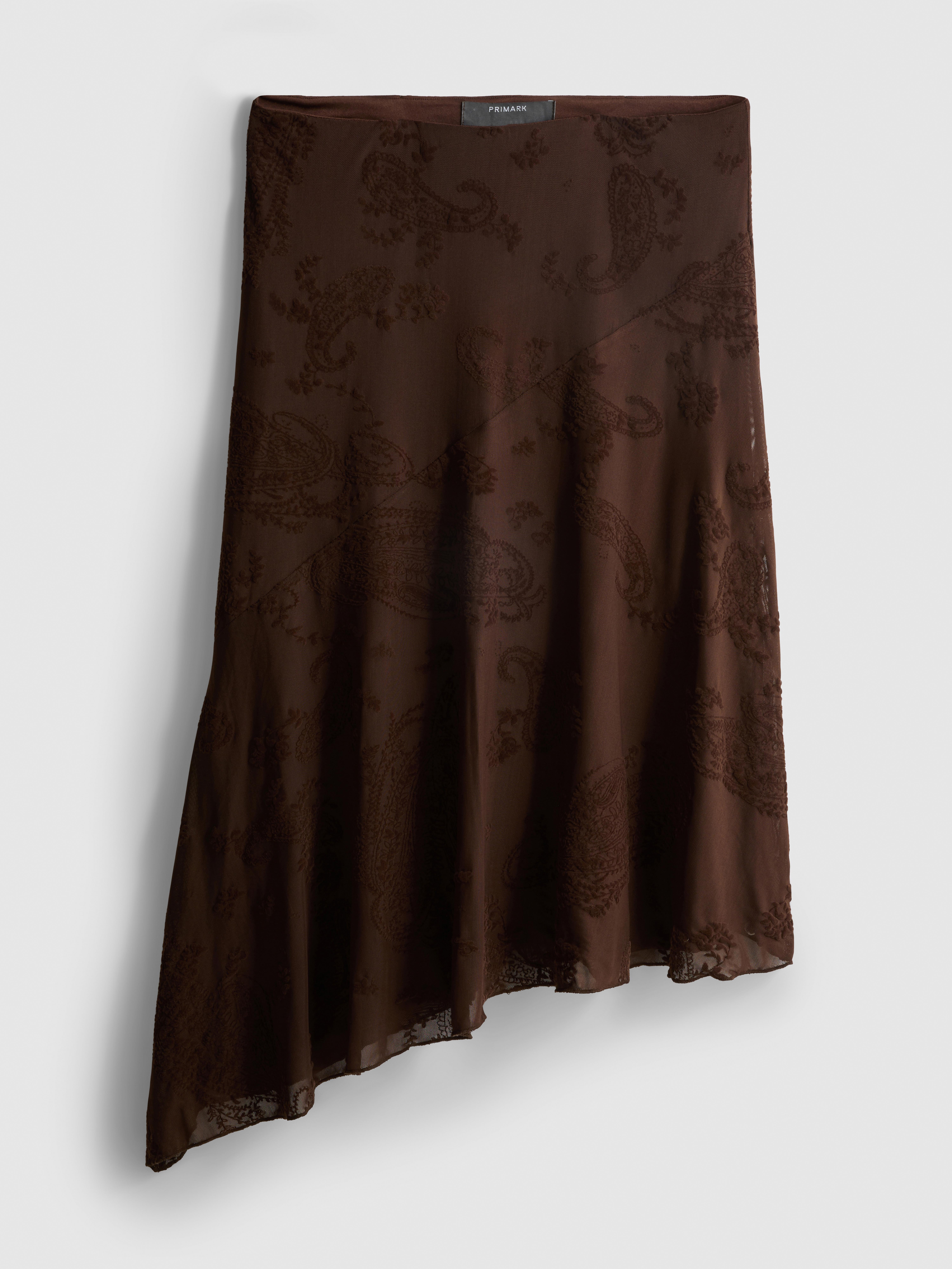 Asymmetric Mesh Paisley Midi Skirt