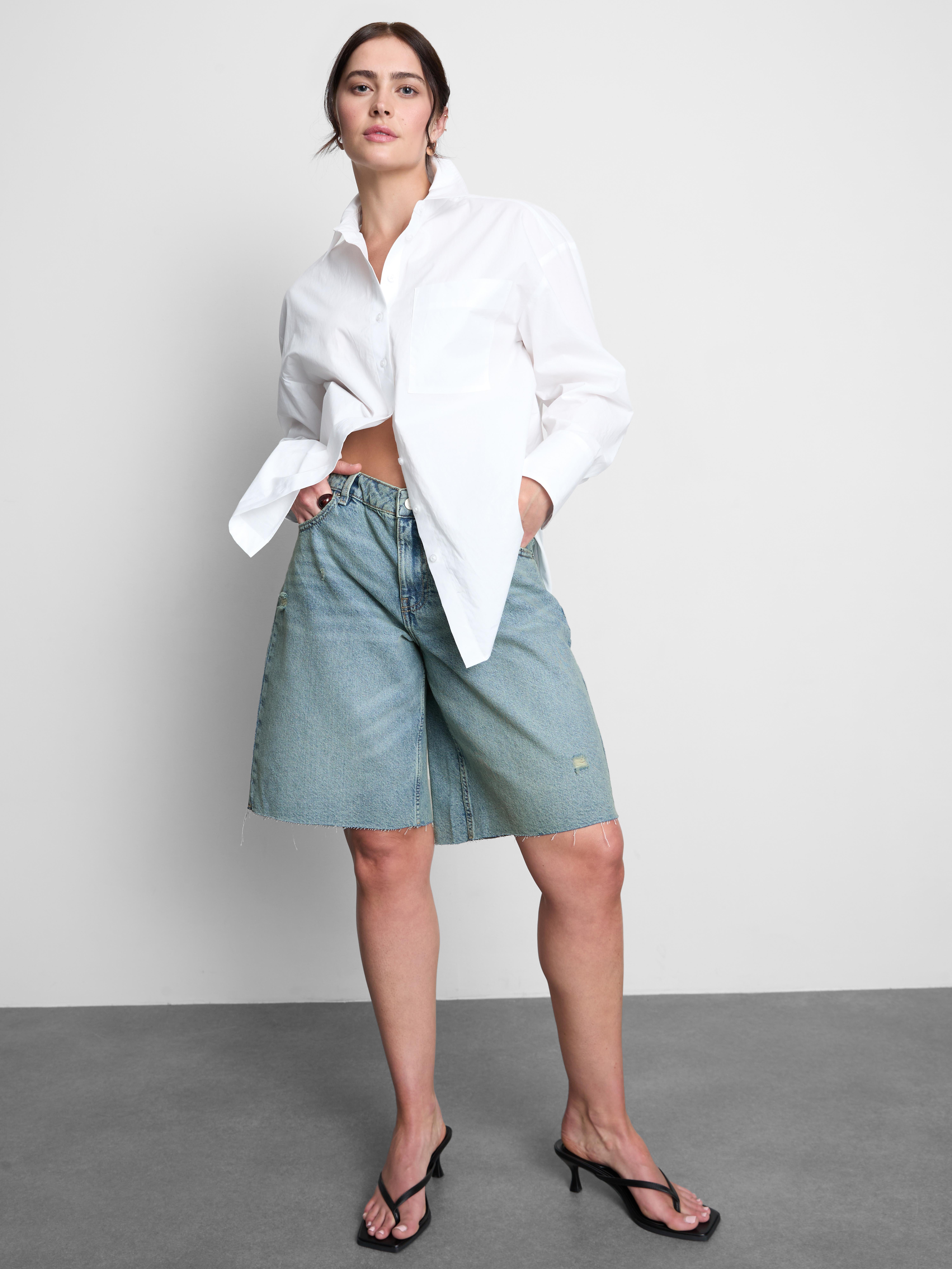 Cotton Denim Distressed Bermuda Shorts