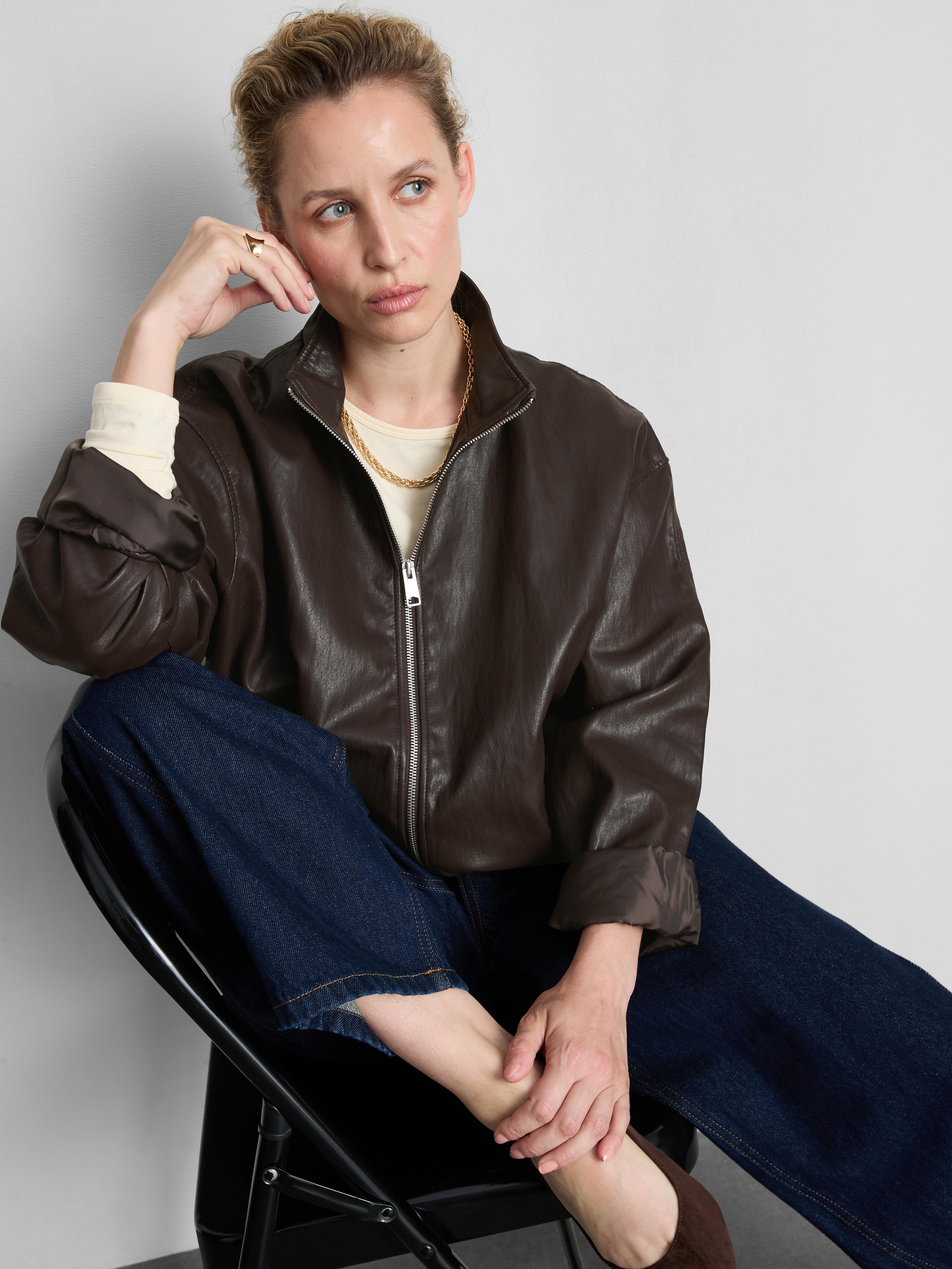 Faux Leather Funnel Jacket