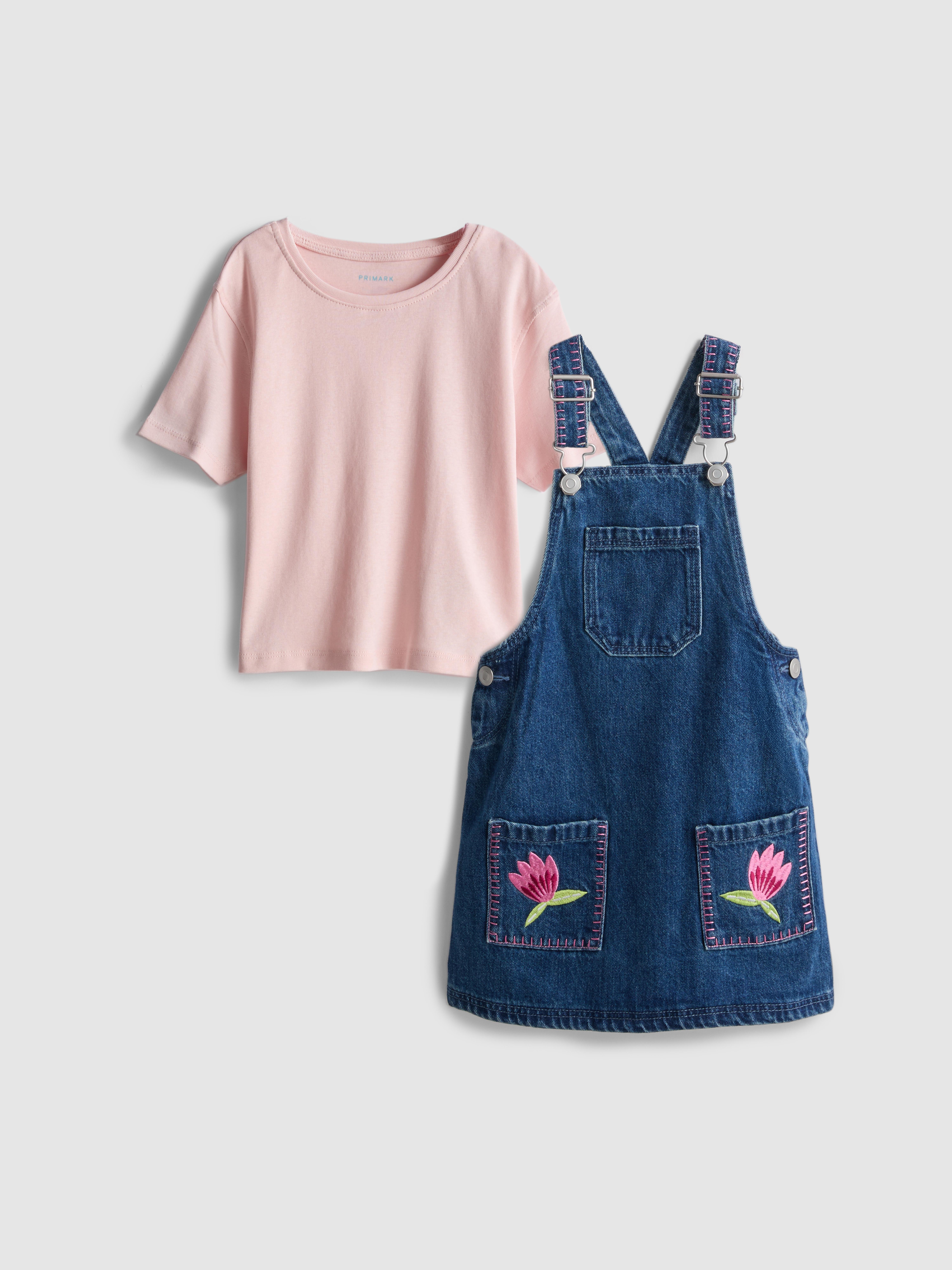 1-9 anni | Maglietta in puro cotone e scamiciato jeans con ricami floreali