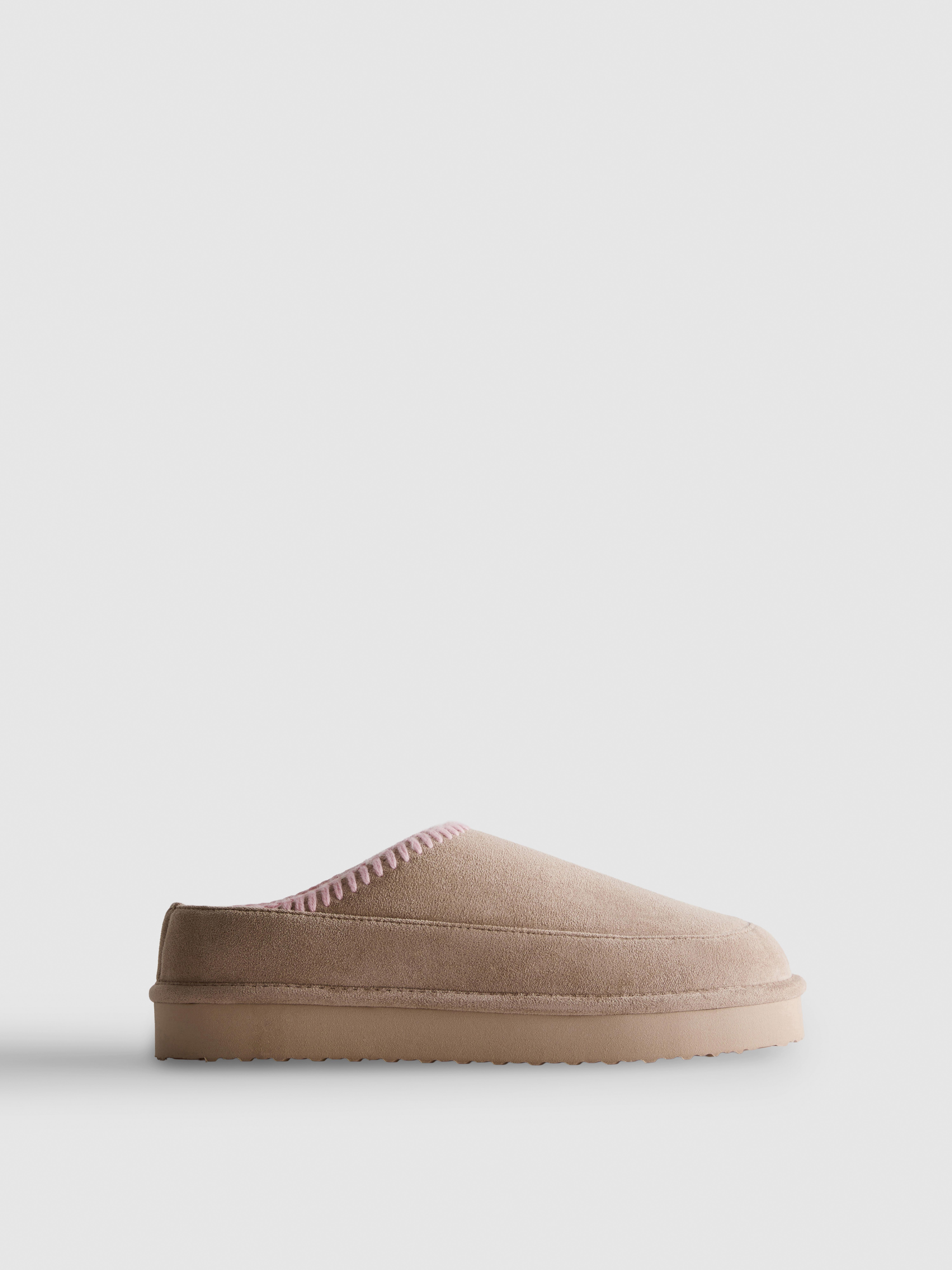 Contrast Stitch Faux Fur Lined Mule Slippers