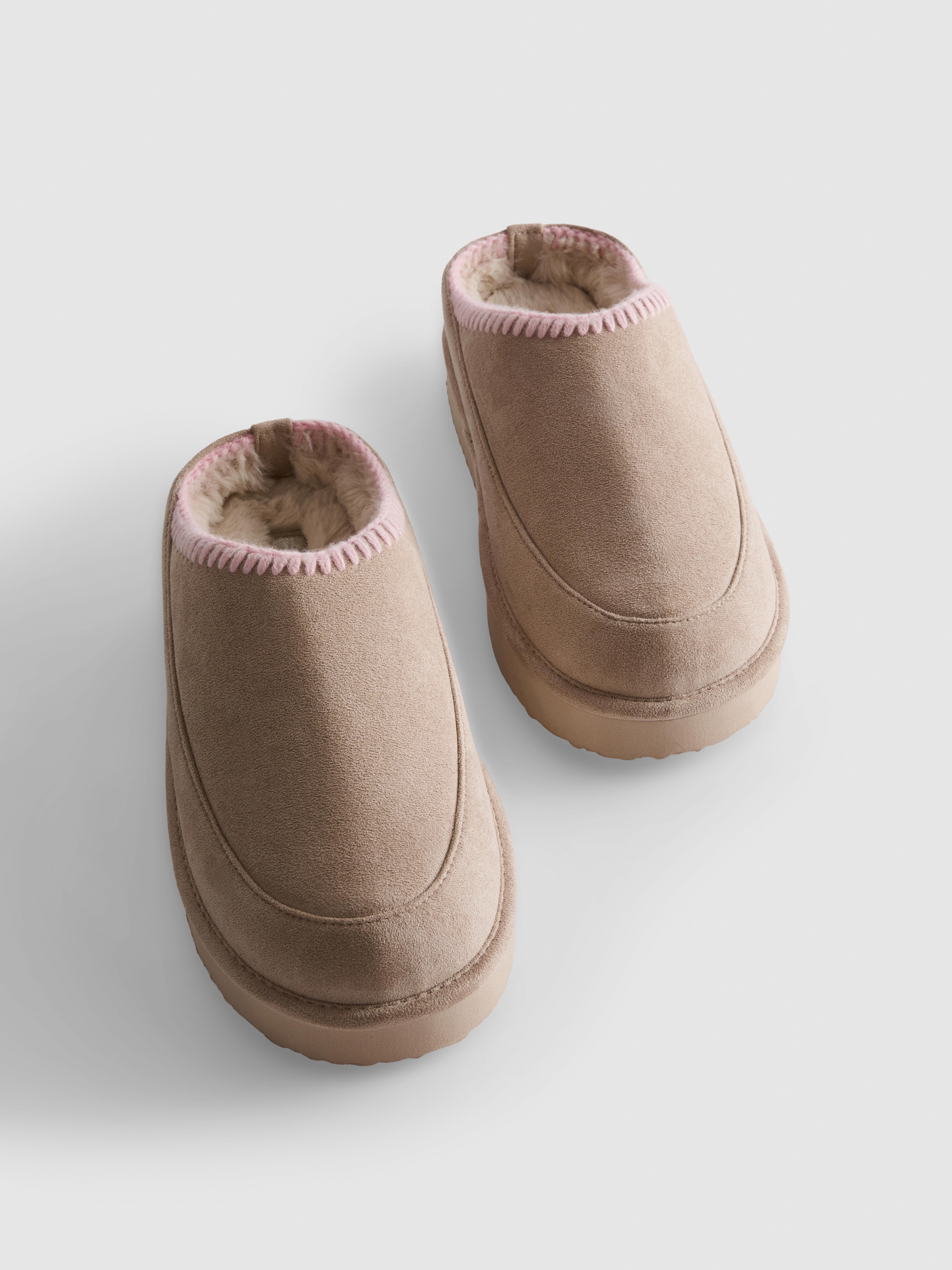 Contrast Stitch Faux Fur Lined Mule Slippers