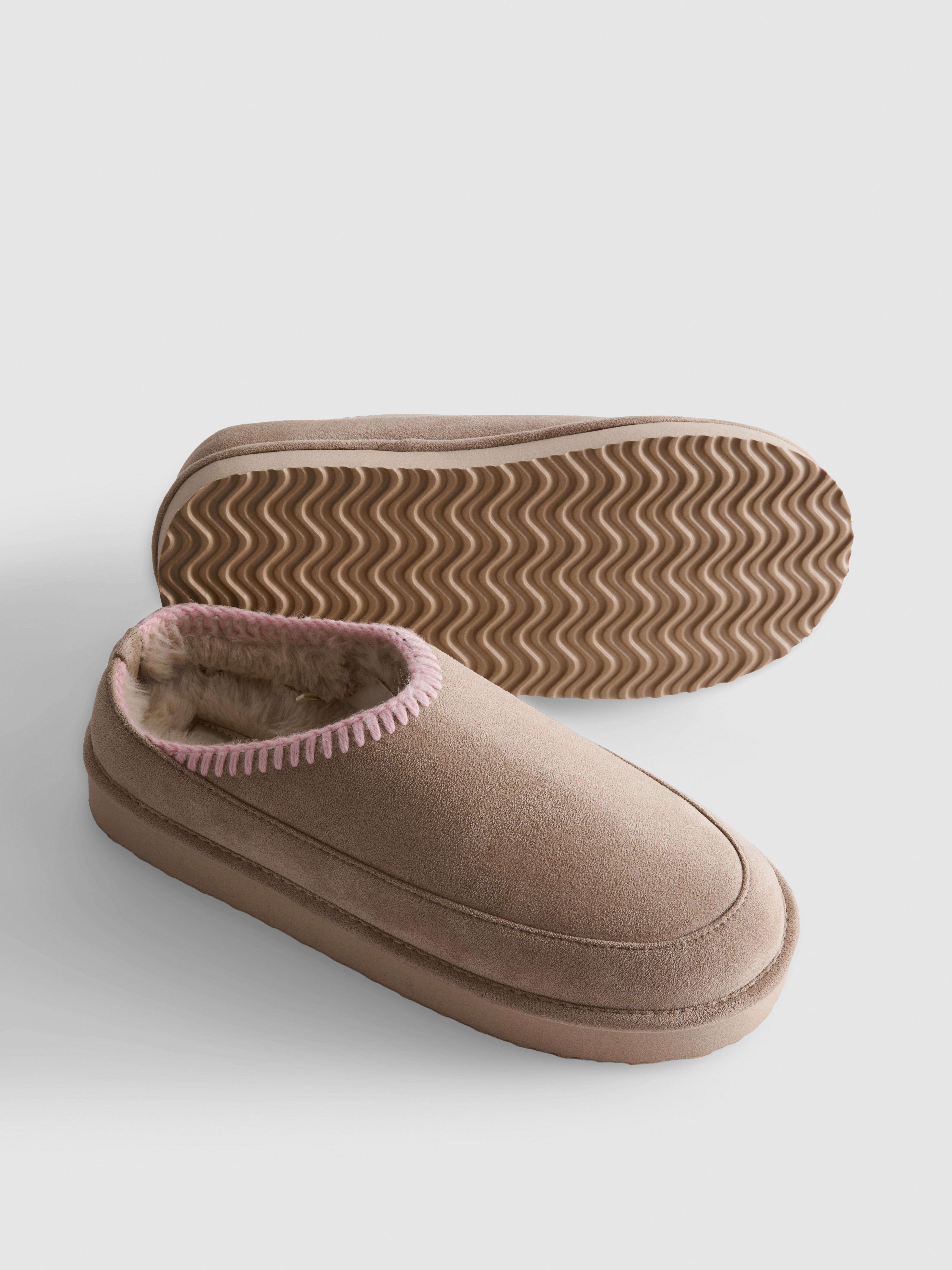 Contrast Stitch Faux Fur Lined Mule Slippers
