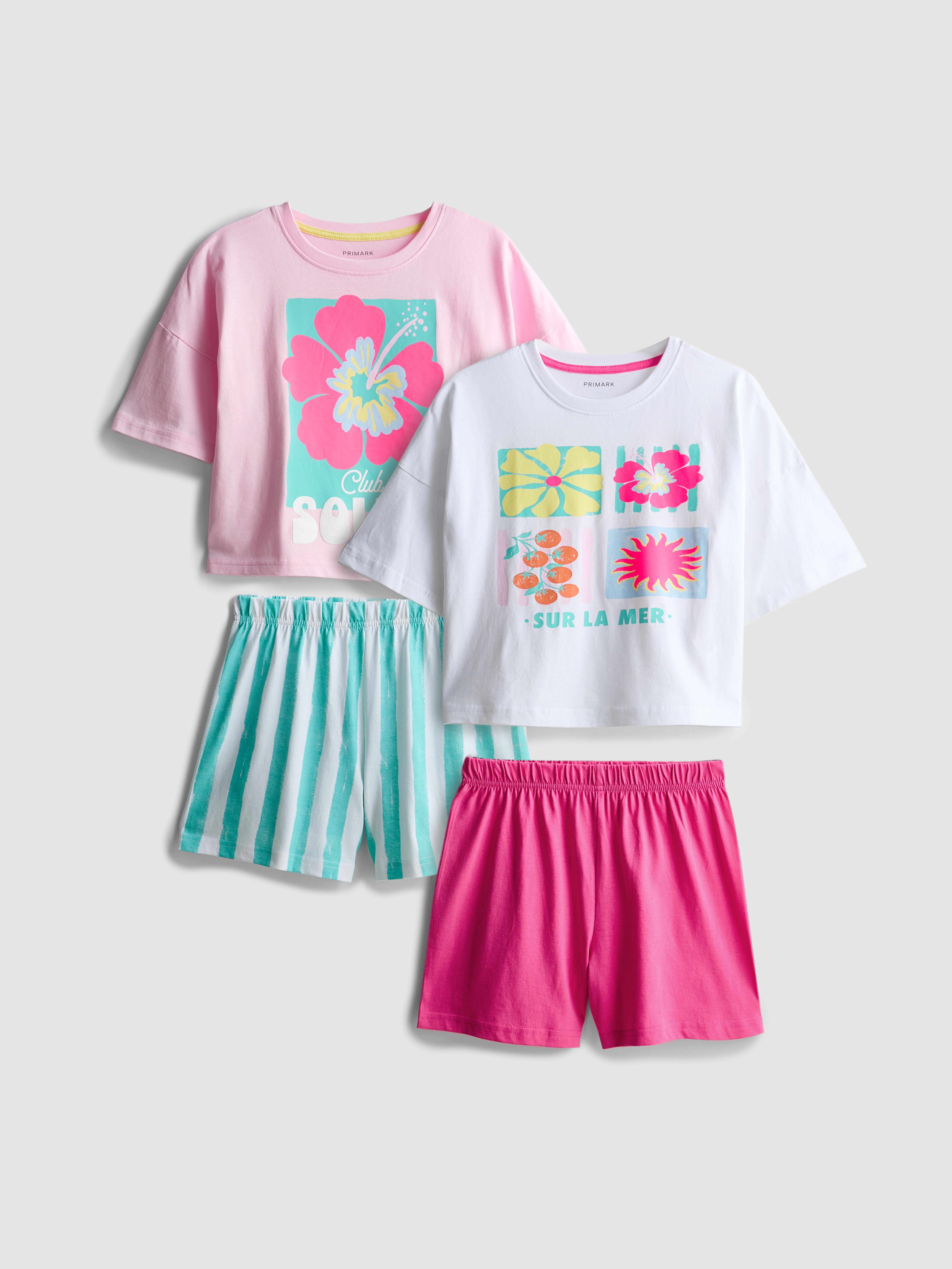 7–15 Jahre | Kurze Schlafanzüge aus reiner Baumwolle mit Hibiskusblüten-Muster, 2er-Pack