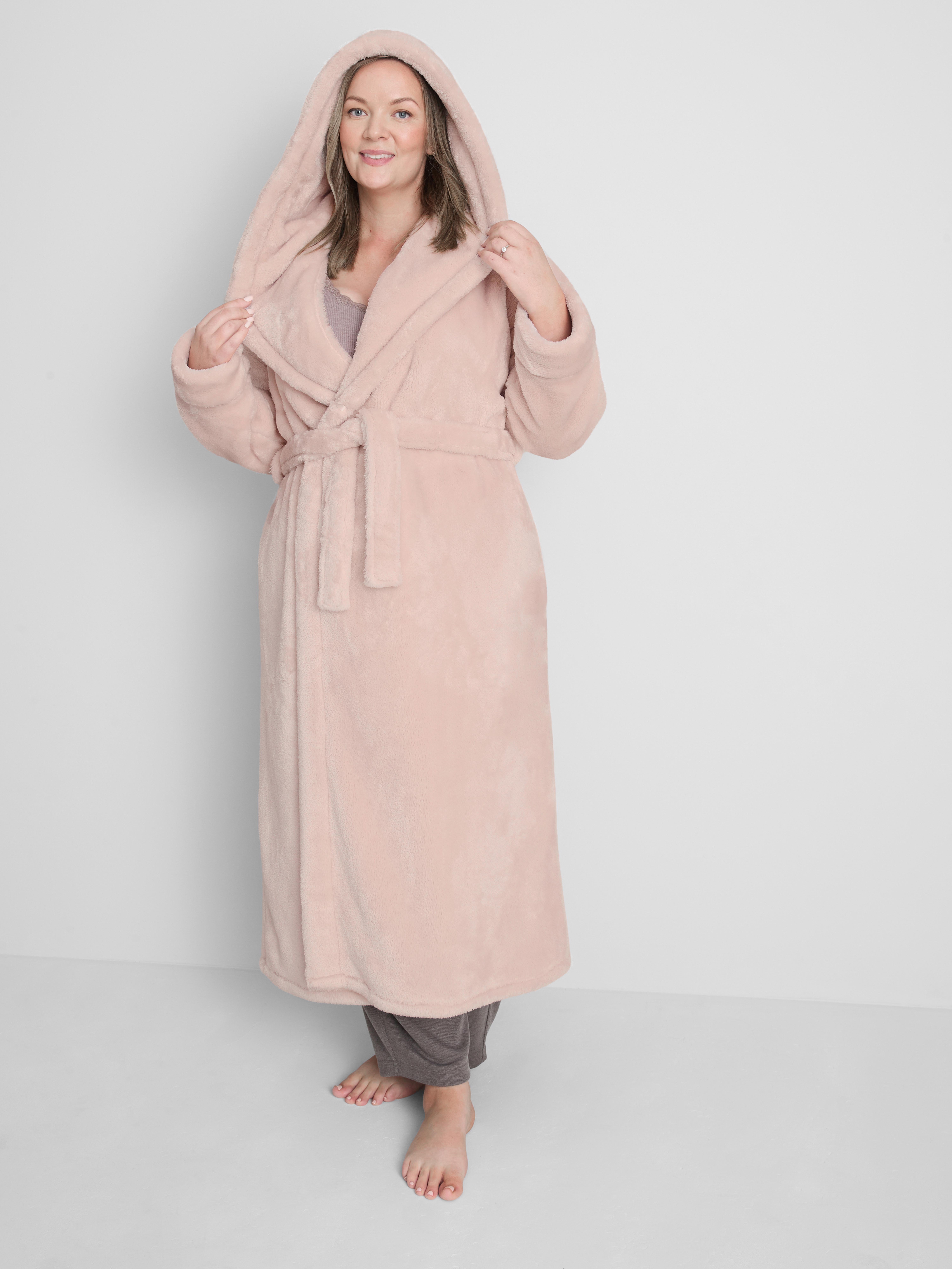 ladies long dressing gown with hood Women's Light Pink Plush Hooded Maxi Handfasting ceremony