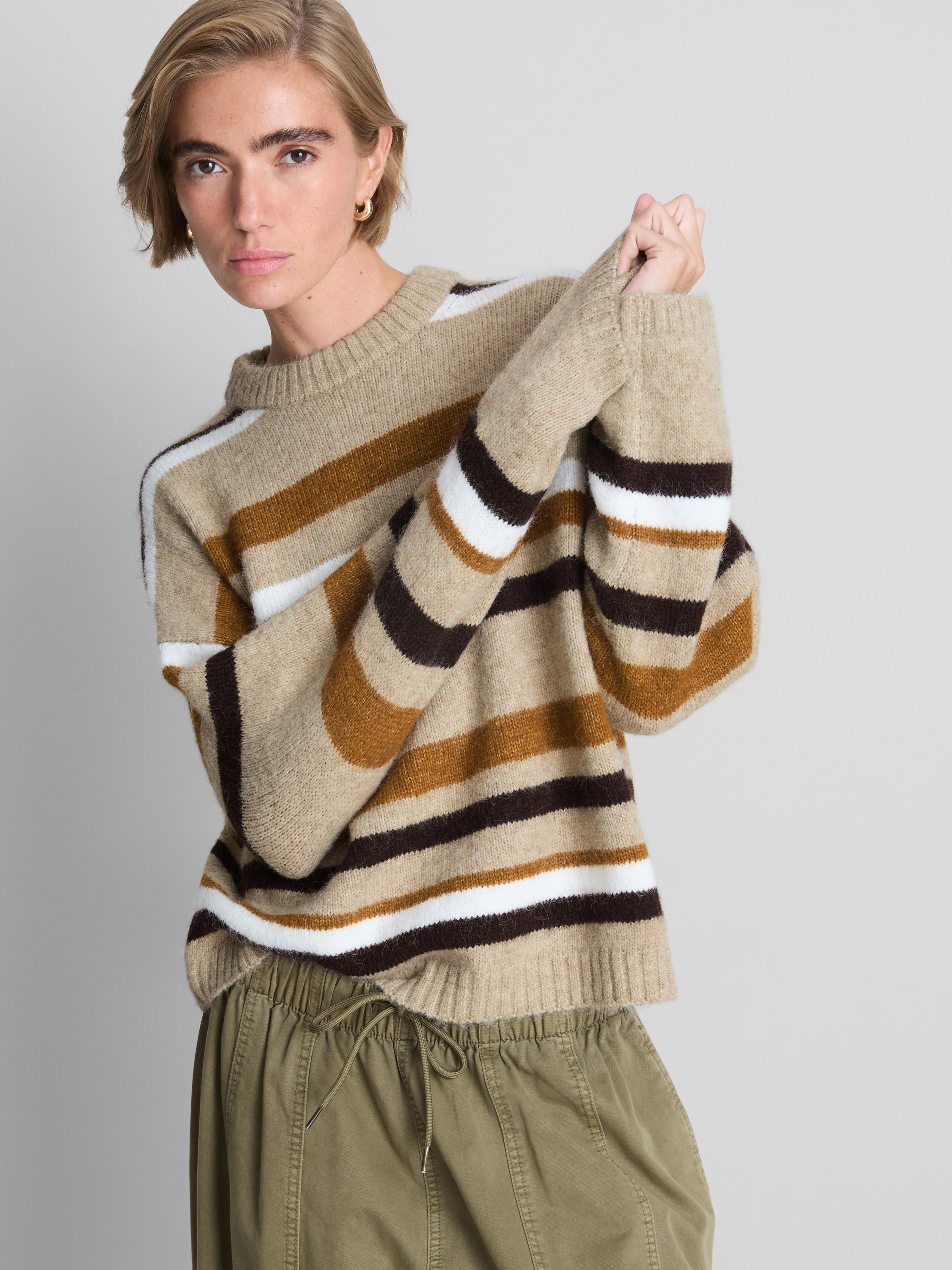 Knitted Fluffy Stripe Crew Neck Sweater