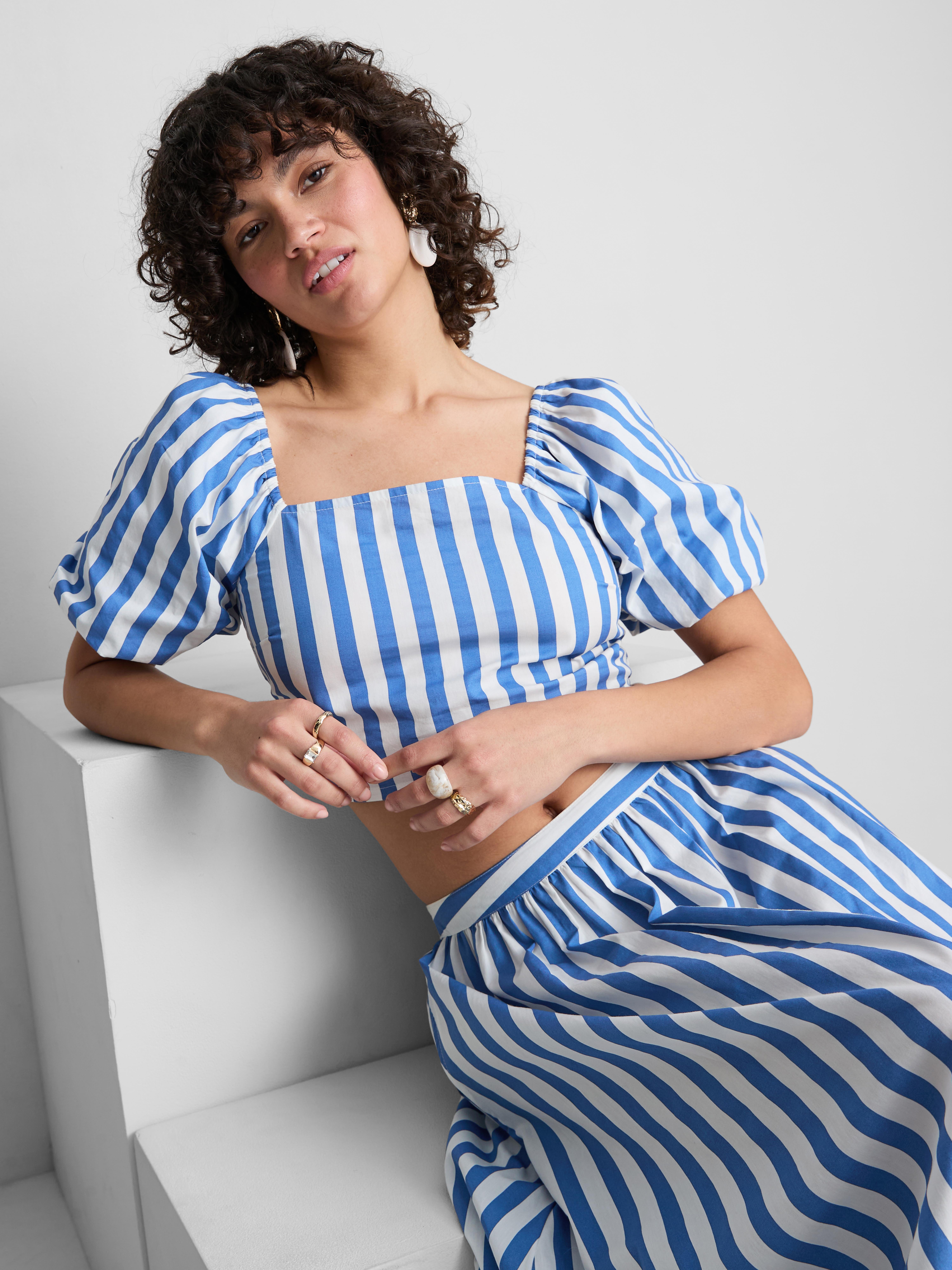 Striped Puff Sleeve Bardot Top