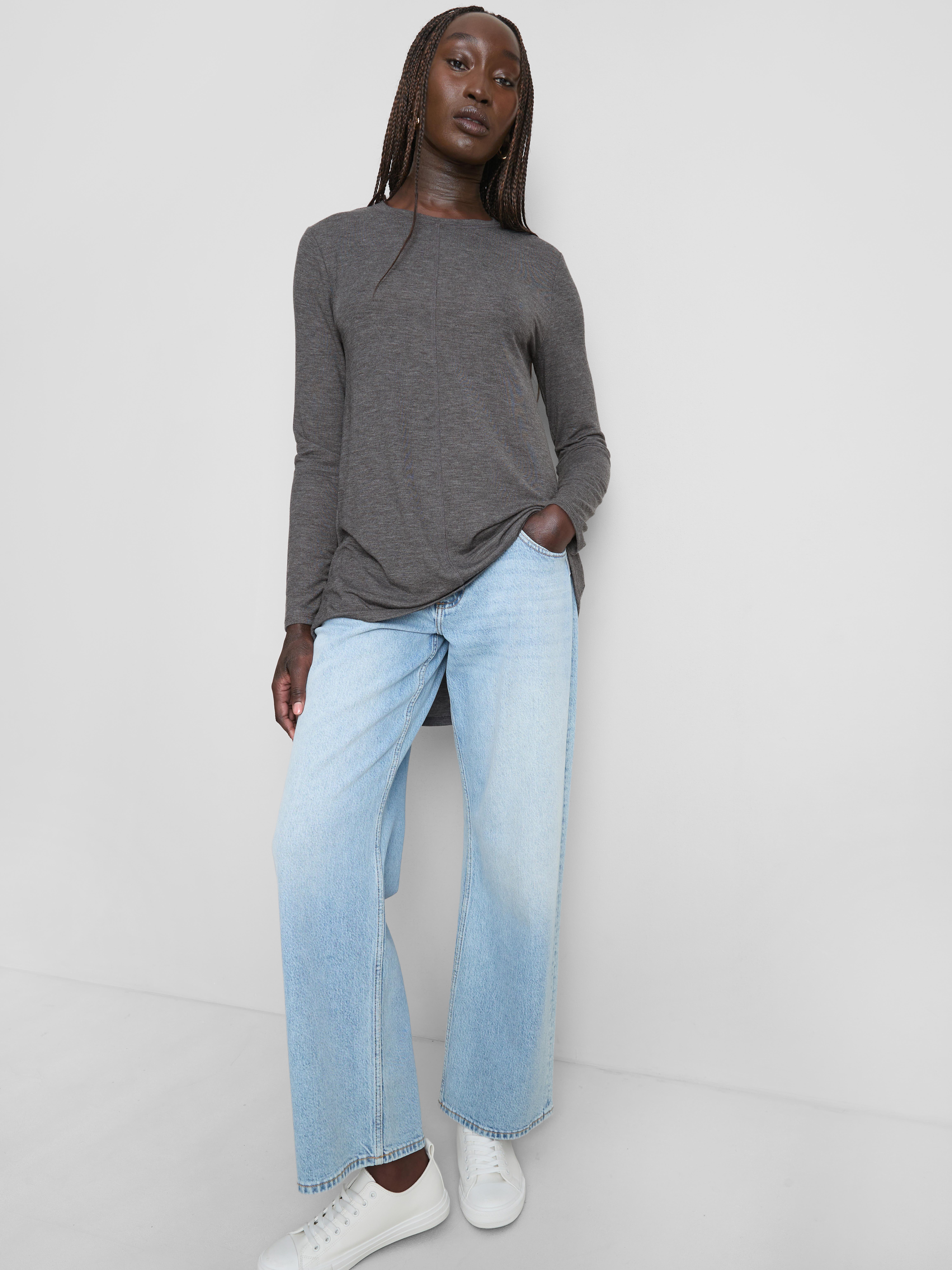 Longline Curved Hem Long Sleeve Top
