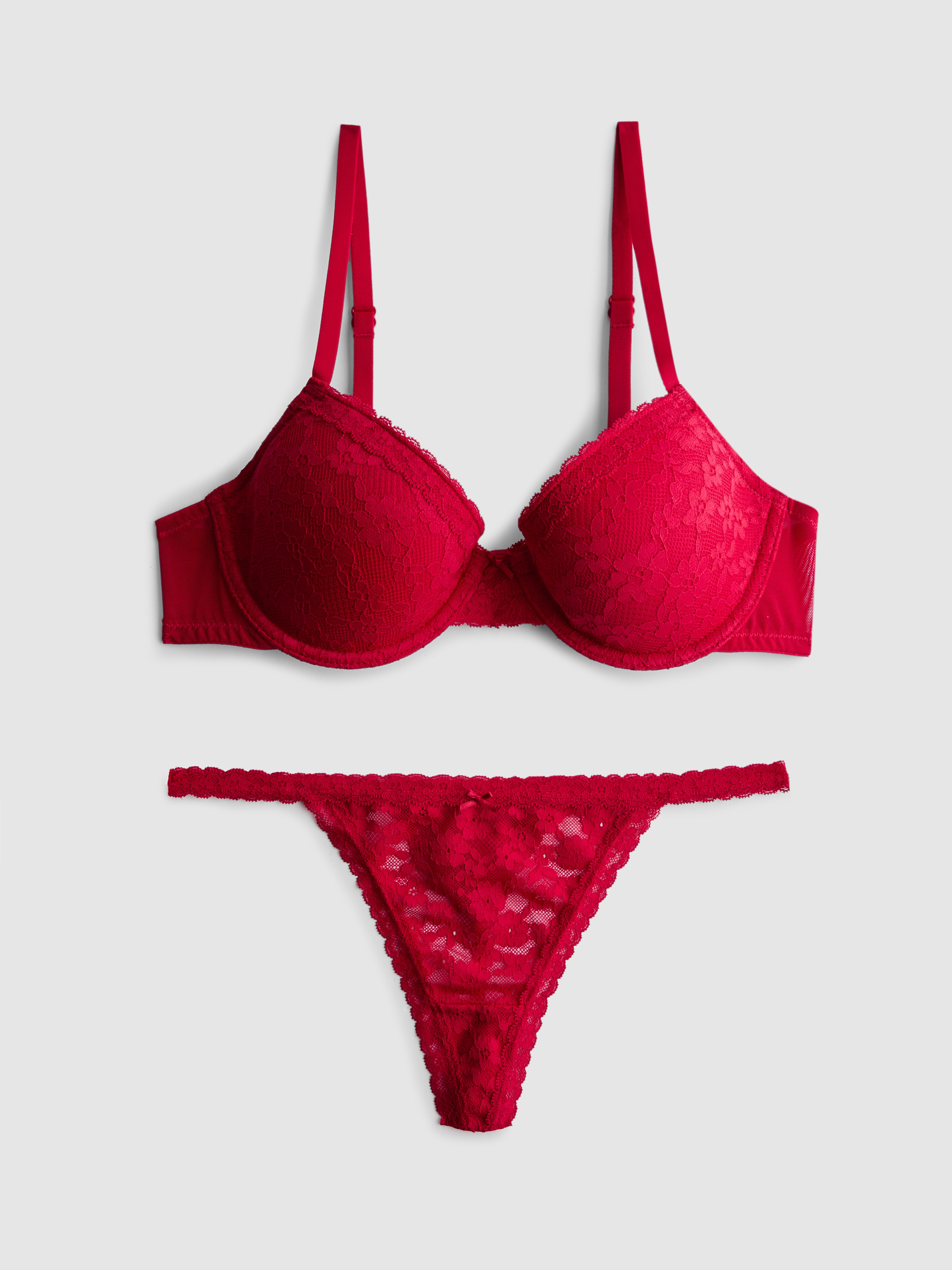 Women's Dark Red All Over Lace Demi Cup Lingerie Set | Penneys