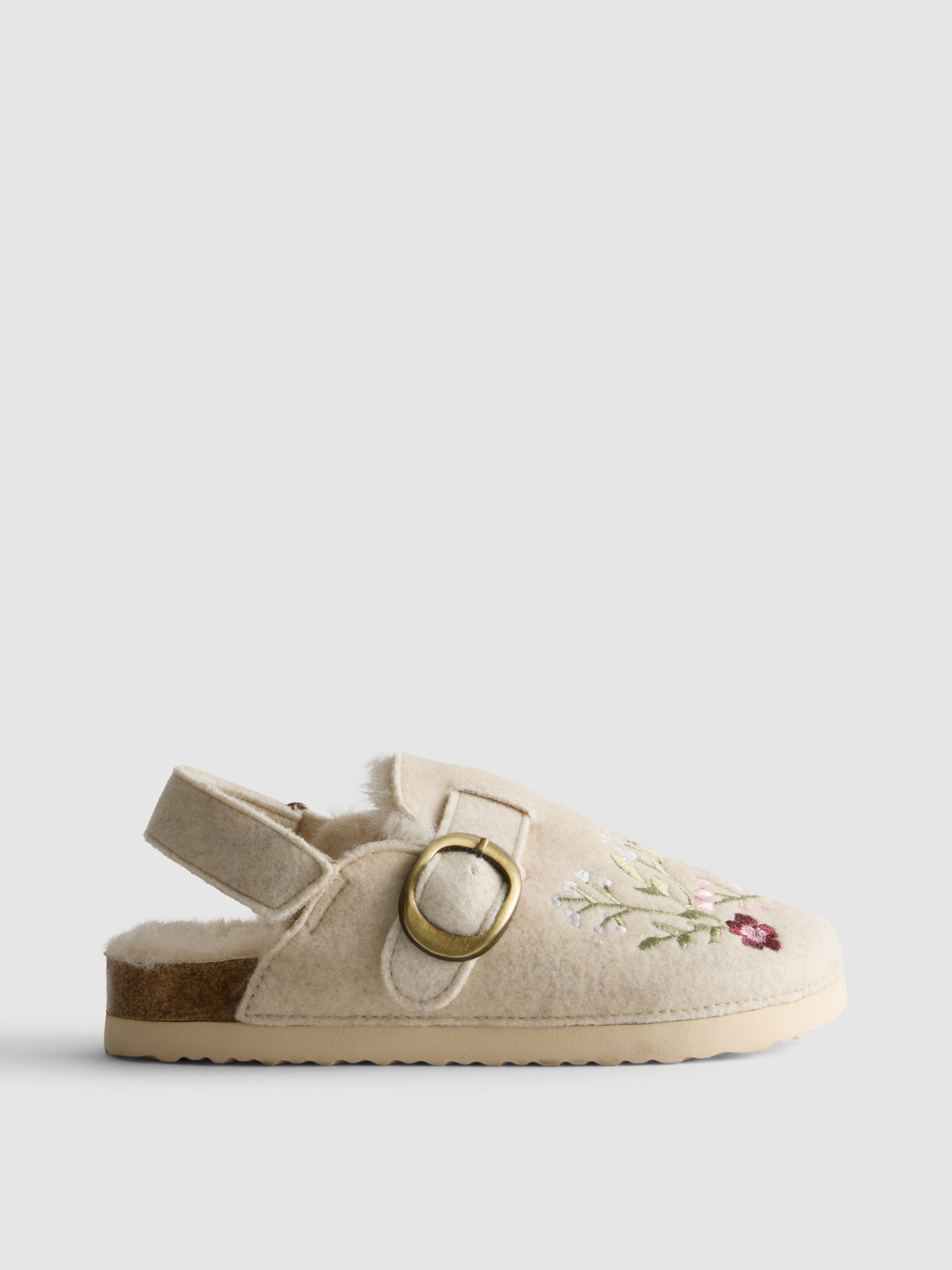 The Edit Floral Embroidered Faux Fur Lined Slingback Mules