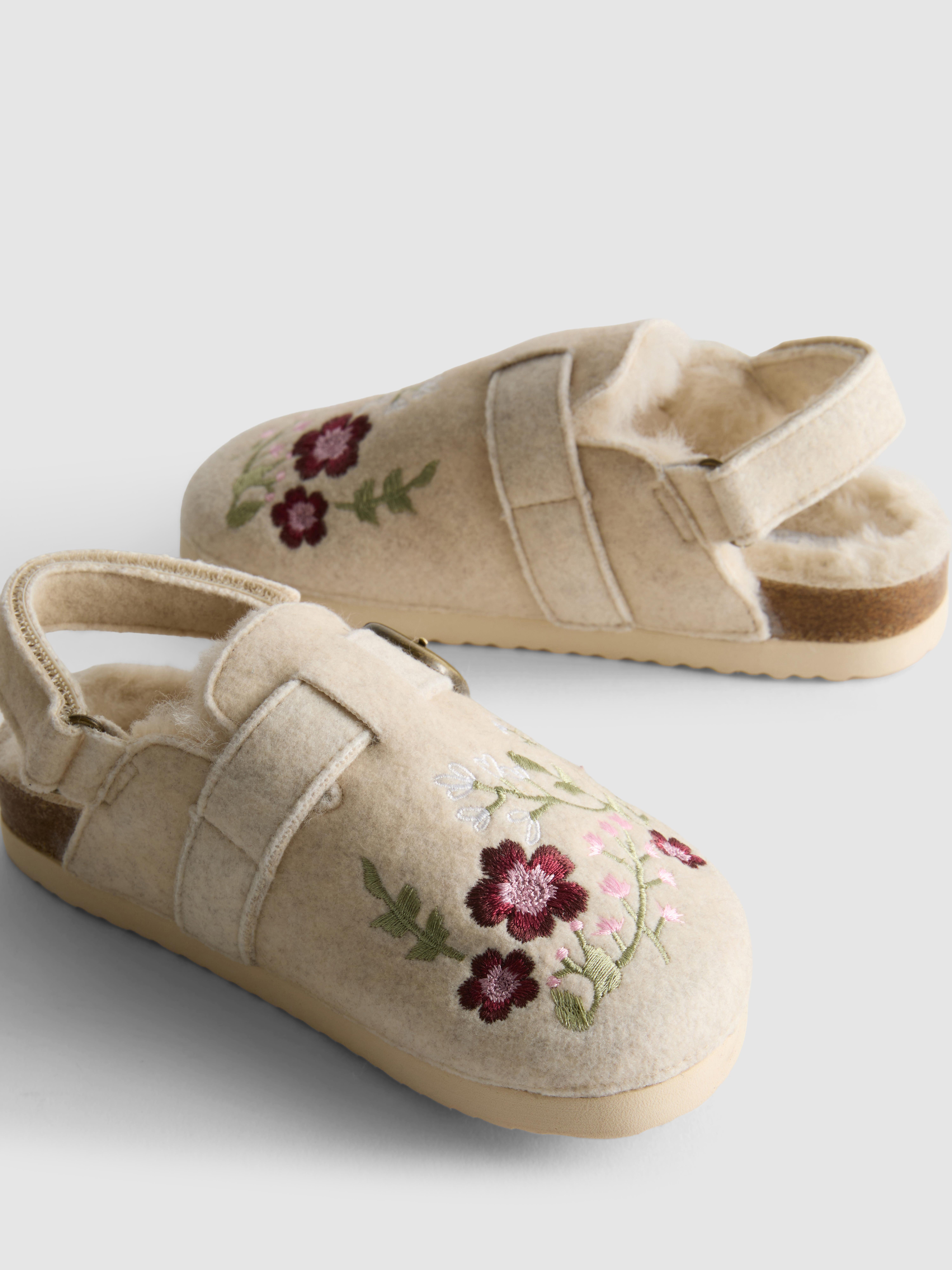 The Edit Floral Embroidered Faux Fur Lined Slingback Mules