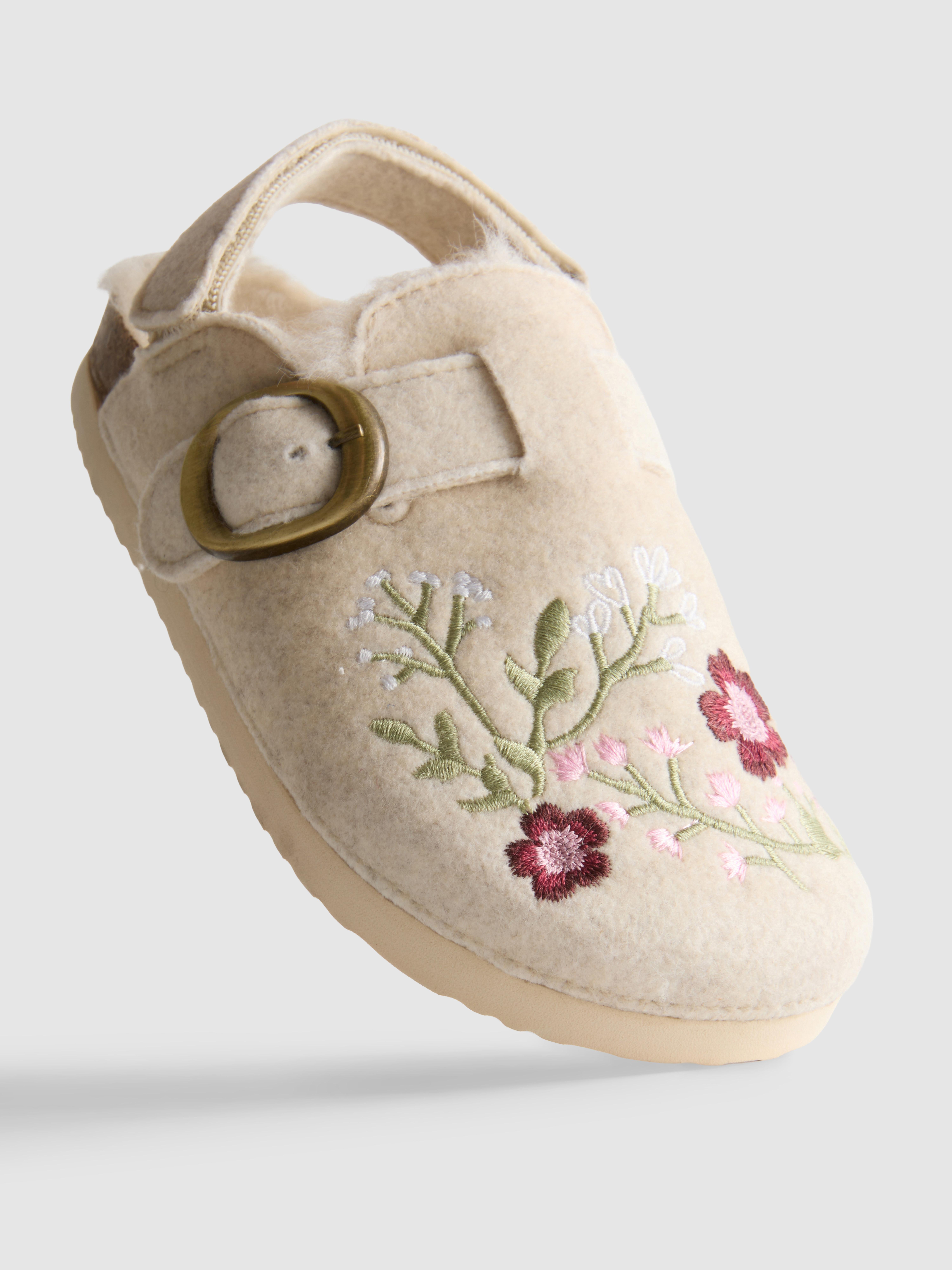 The Edit Floral Embroidered Faux Fur Lined Slingback Mules