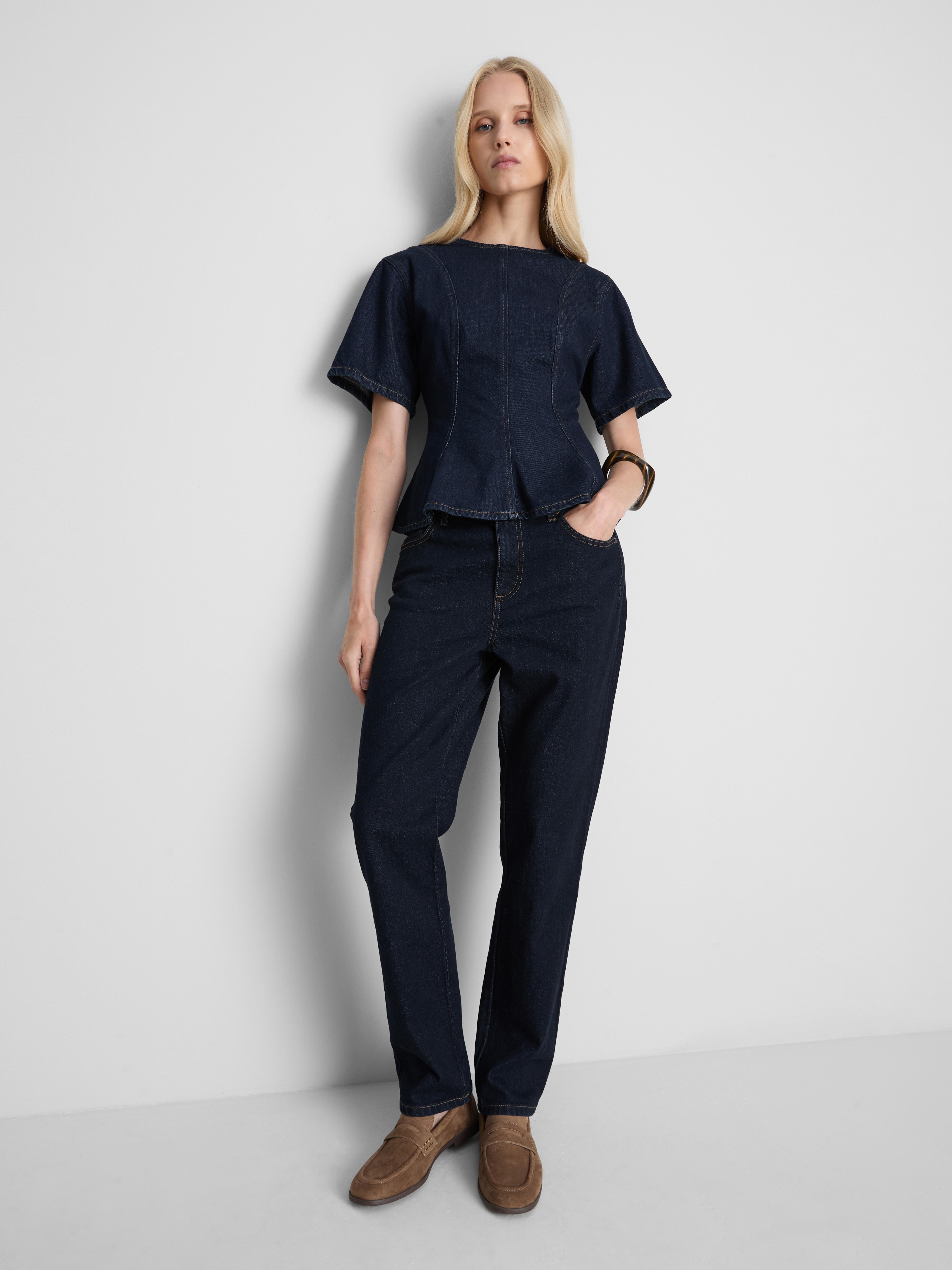 Top in denim stretto in vita con volant By Coleen