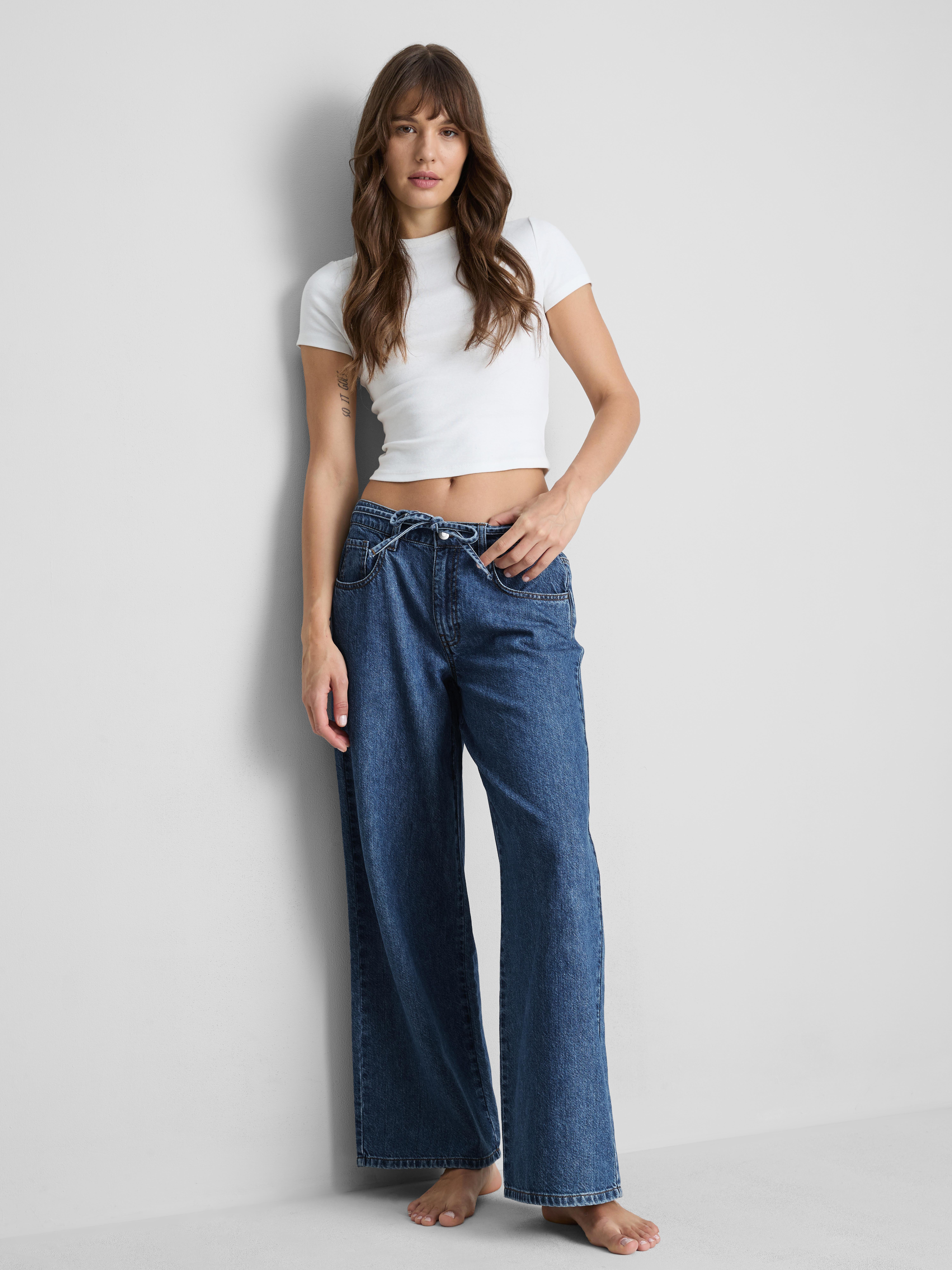Cotton Denim Wide-Leg Drawstring Jeans