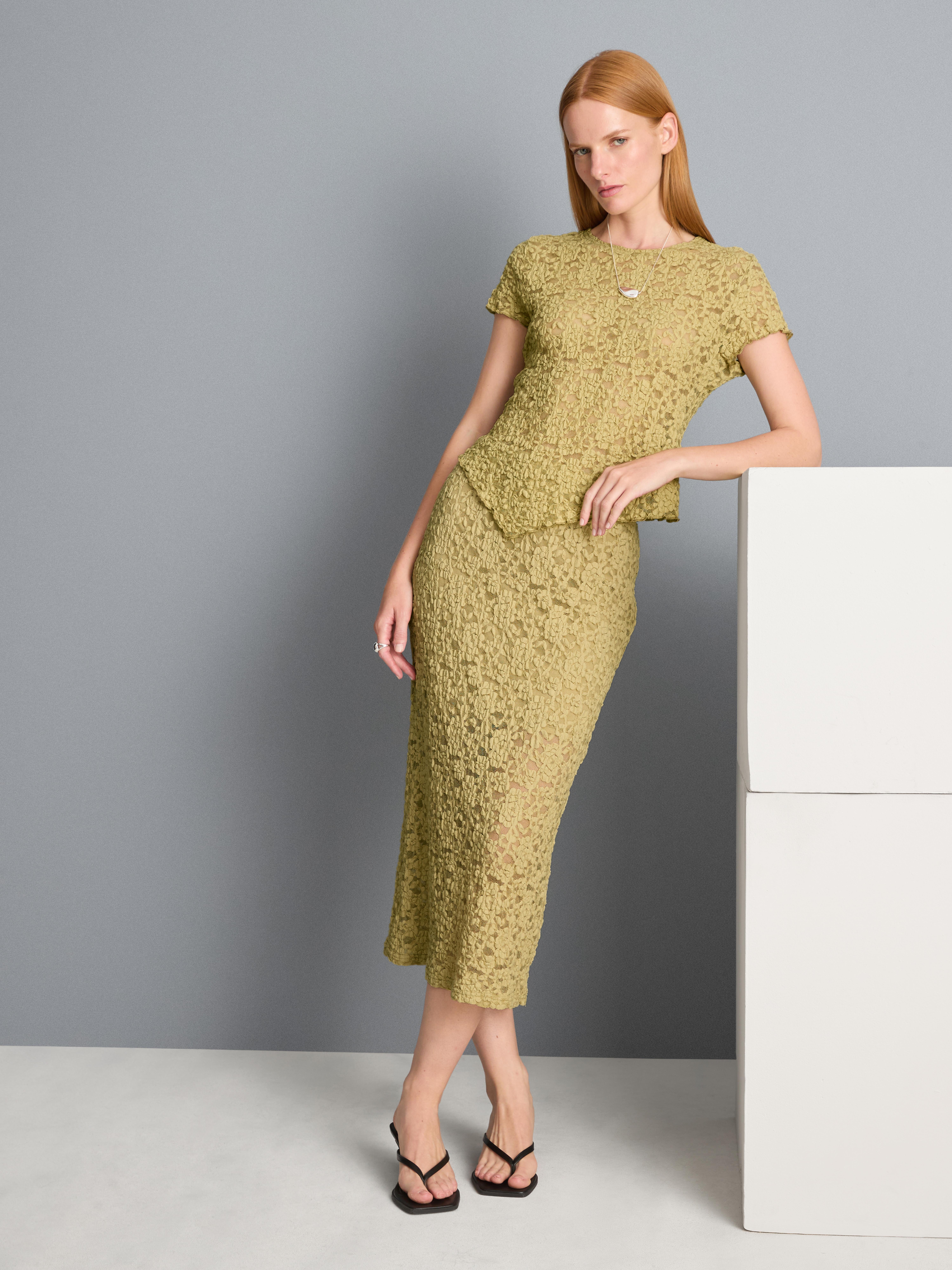 Cotton-Blend Textured Lace Midi Skirt