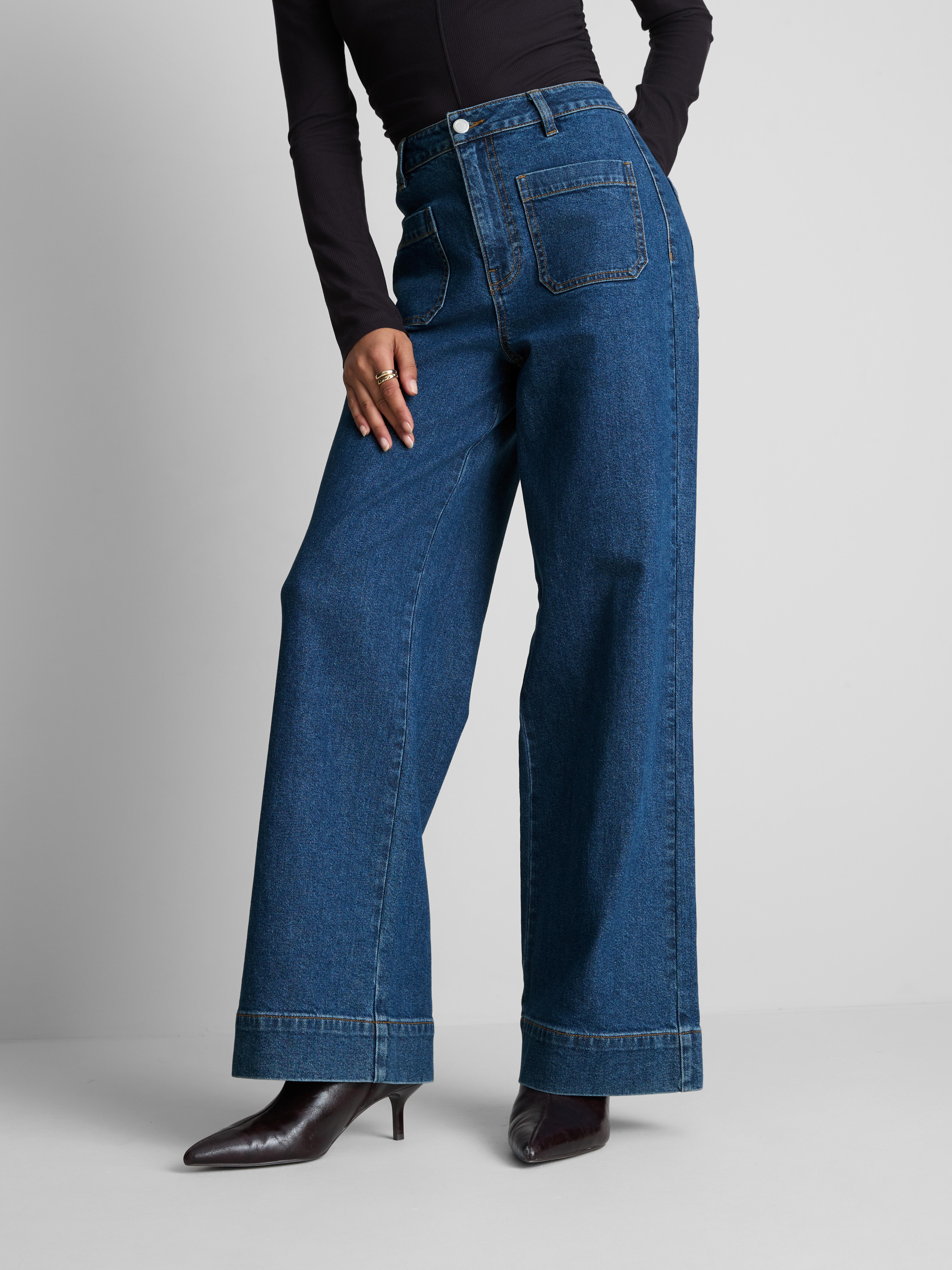 Jeans larghi con tasche applicate Blu medio