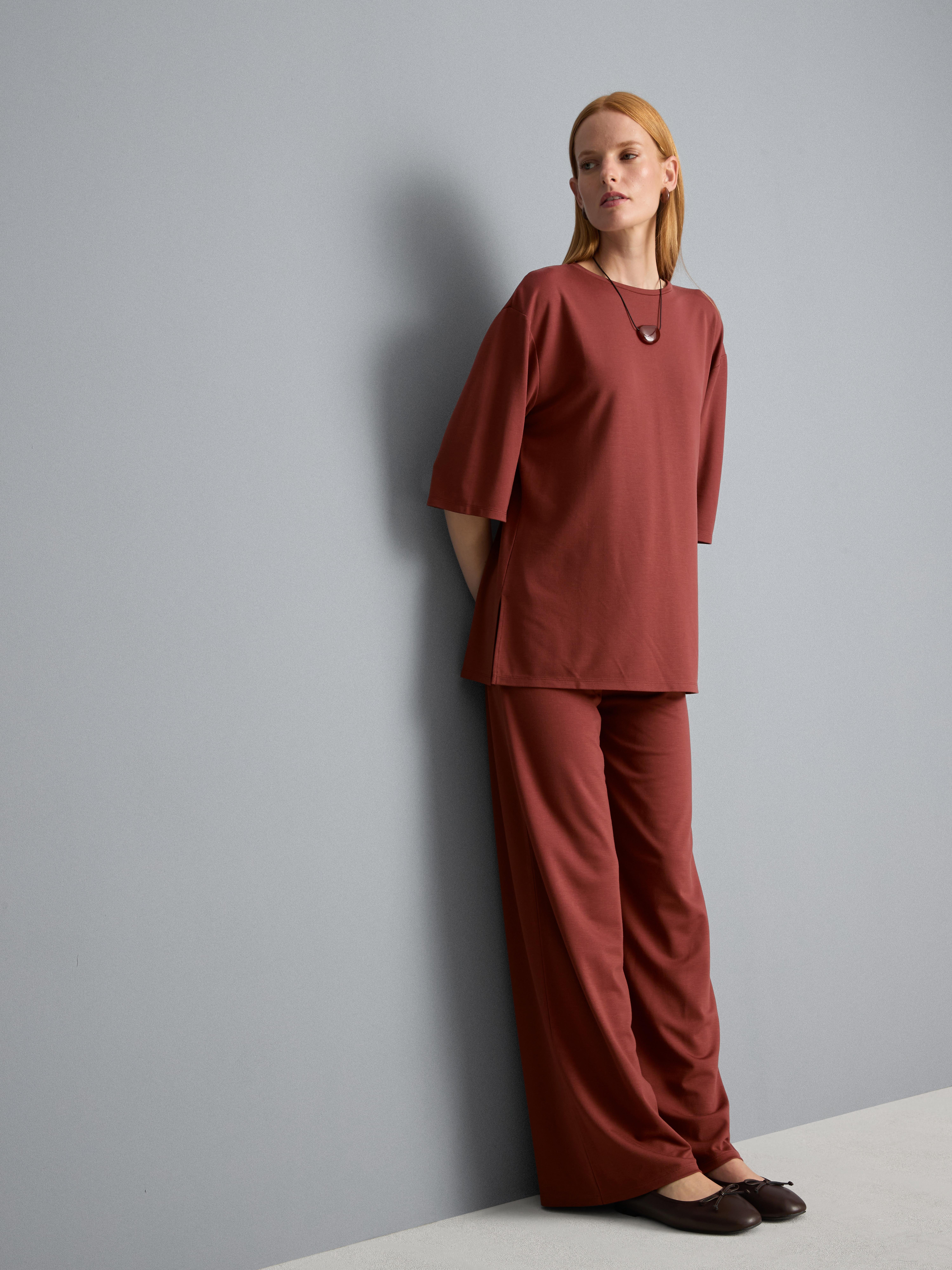 Pantalon large plissé en jersey Marron