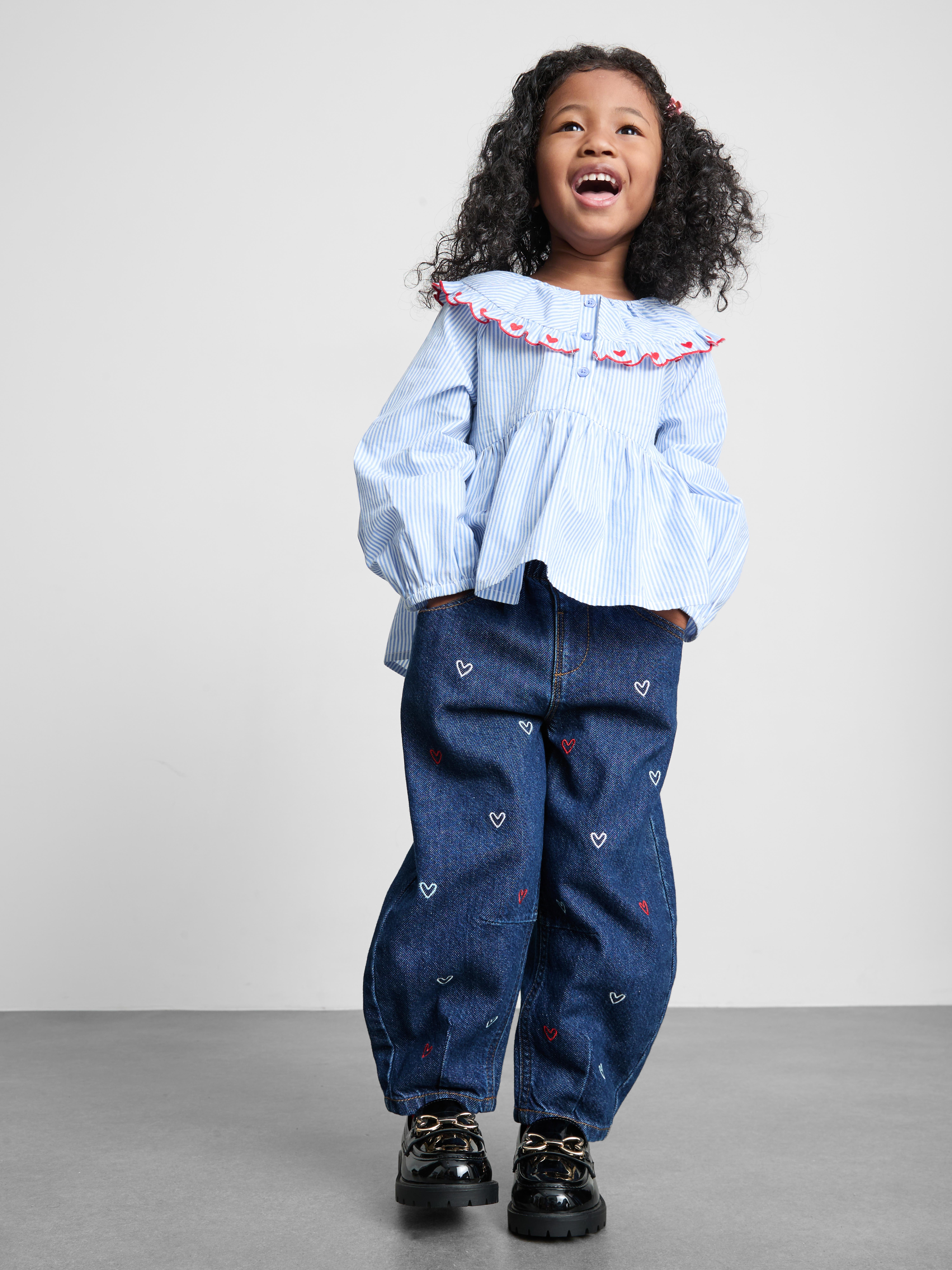 1–9 ans | Jean barrel brodé en pur coton à taille froncée