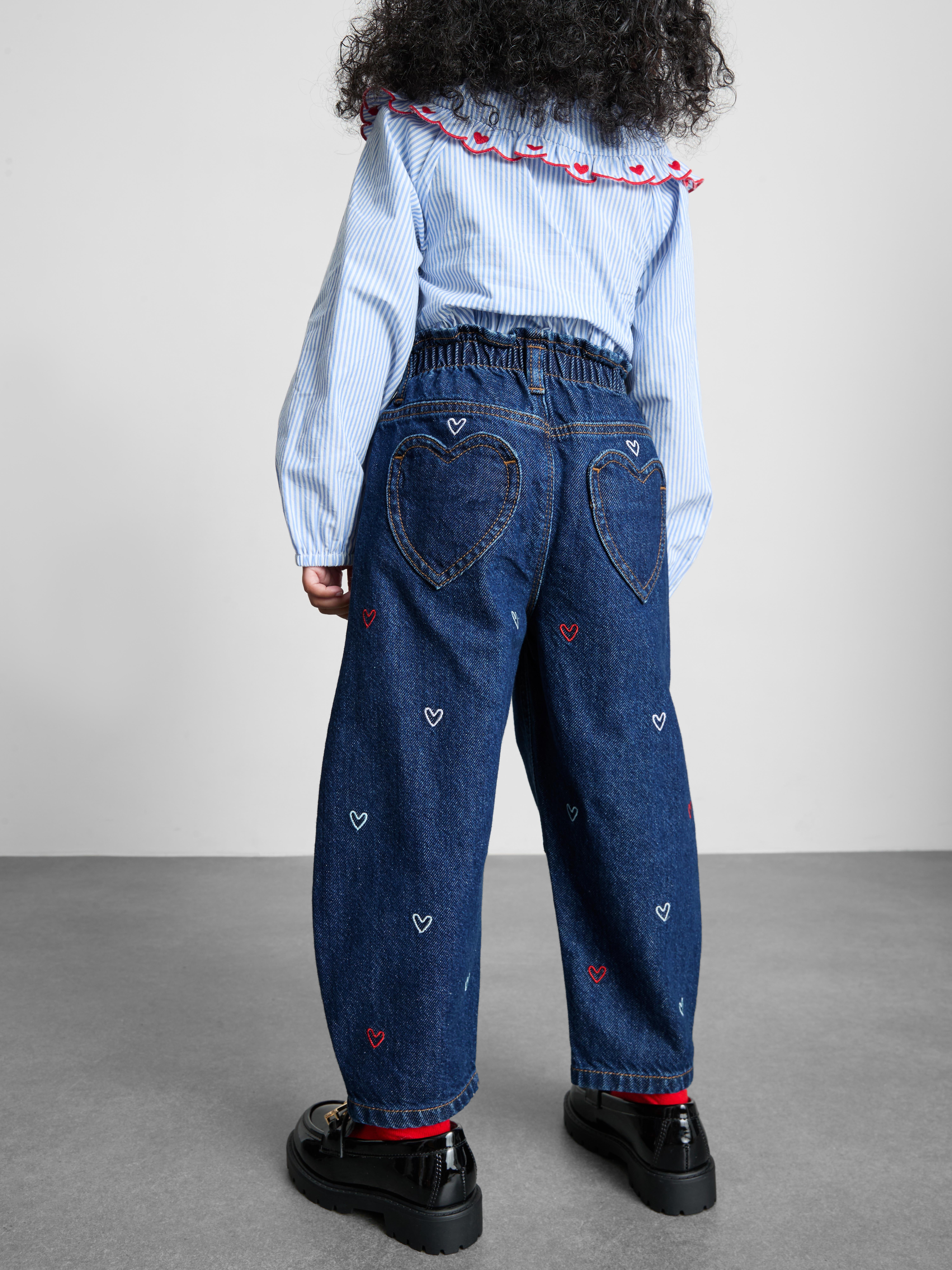 1–9 ans | Jean barrel brodé en pur coton à taille froncée