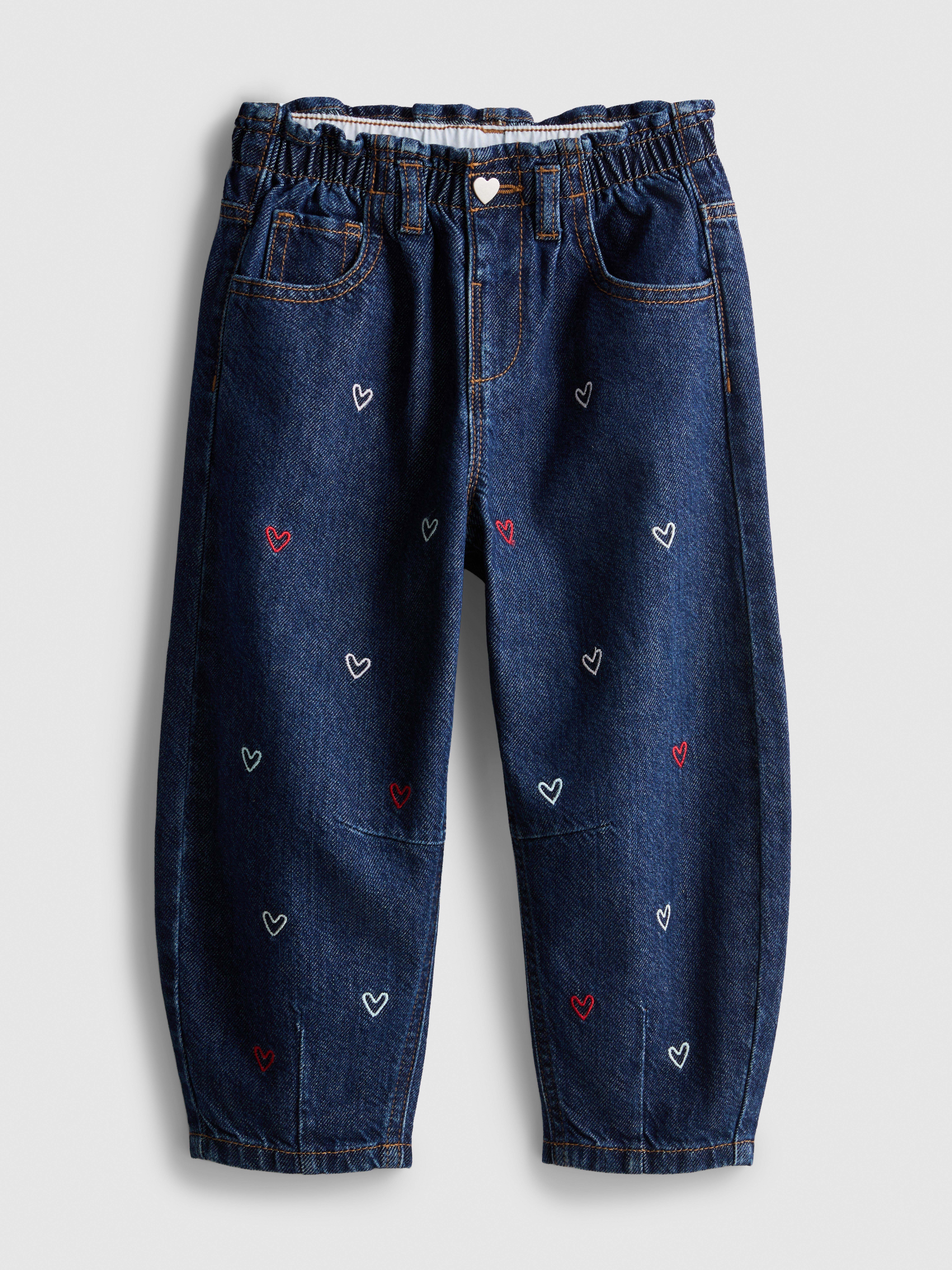 1–9 ans | Jean barrel brodé en pur coton à taille froncée