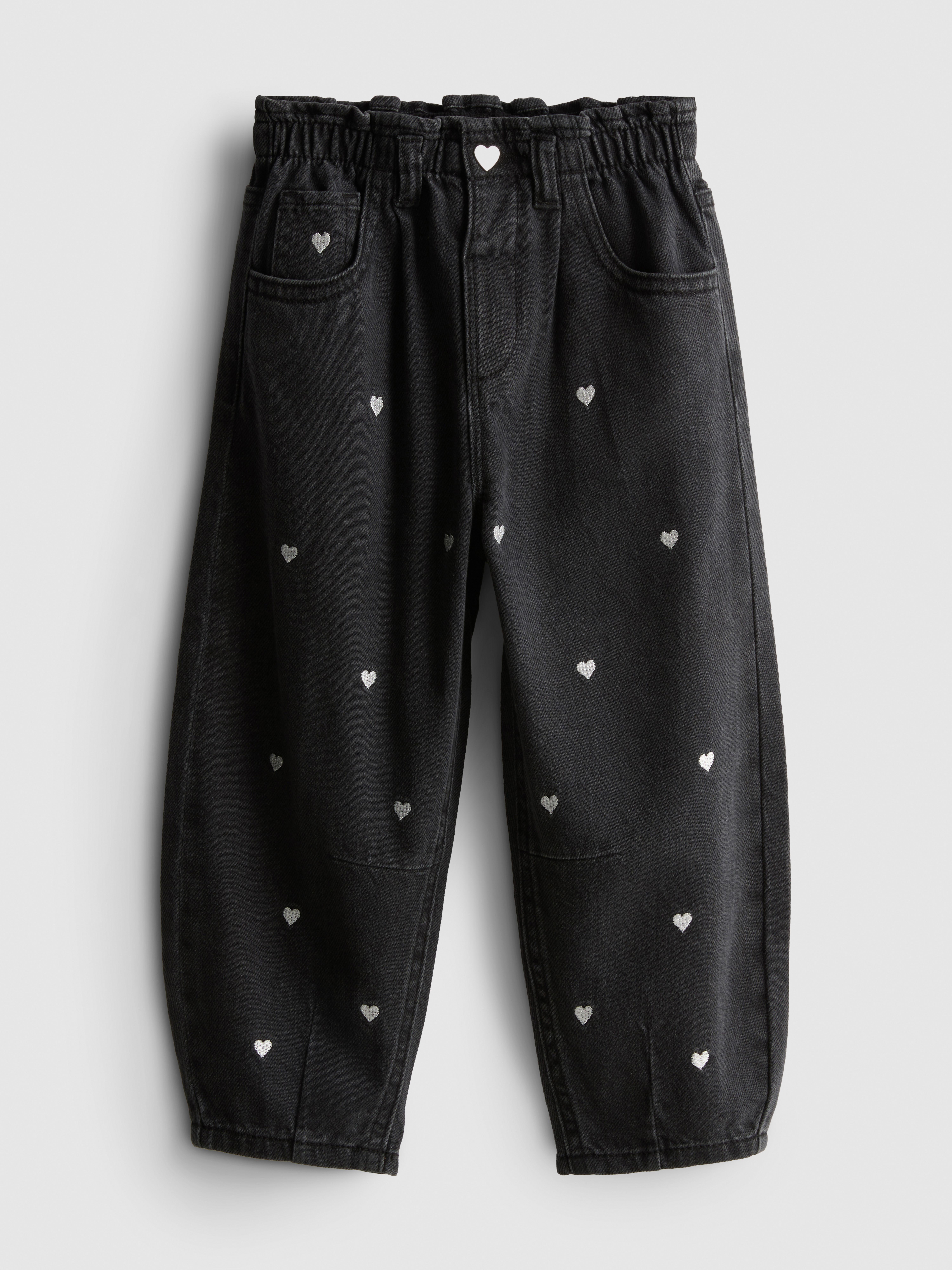 1-9yrs | Pure Cotton Embroidered Paperbag Barrel Leg Jeans Charcoal