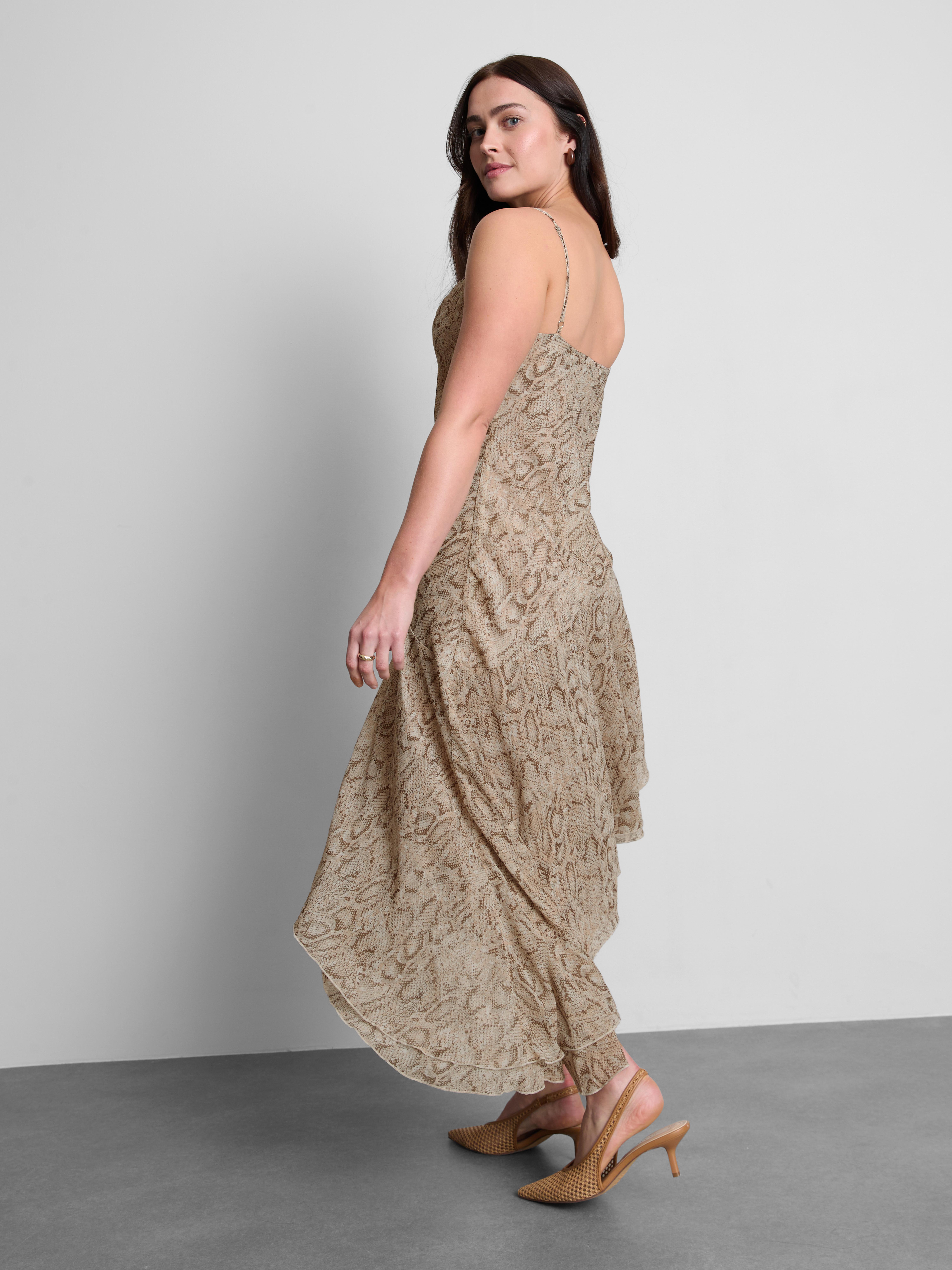 Chiffon Printed Cowl Neck Midi Dress