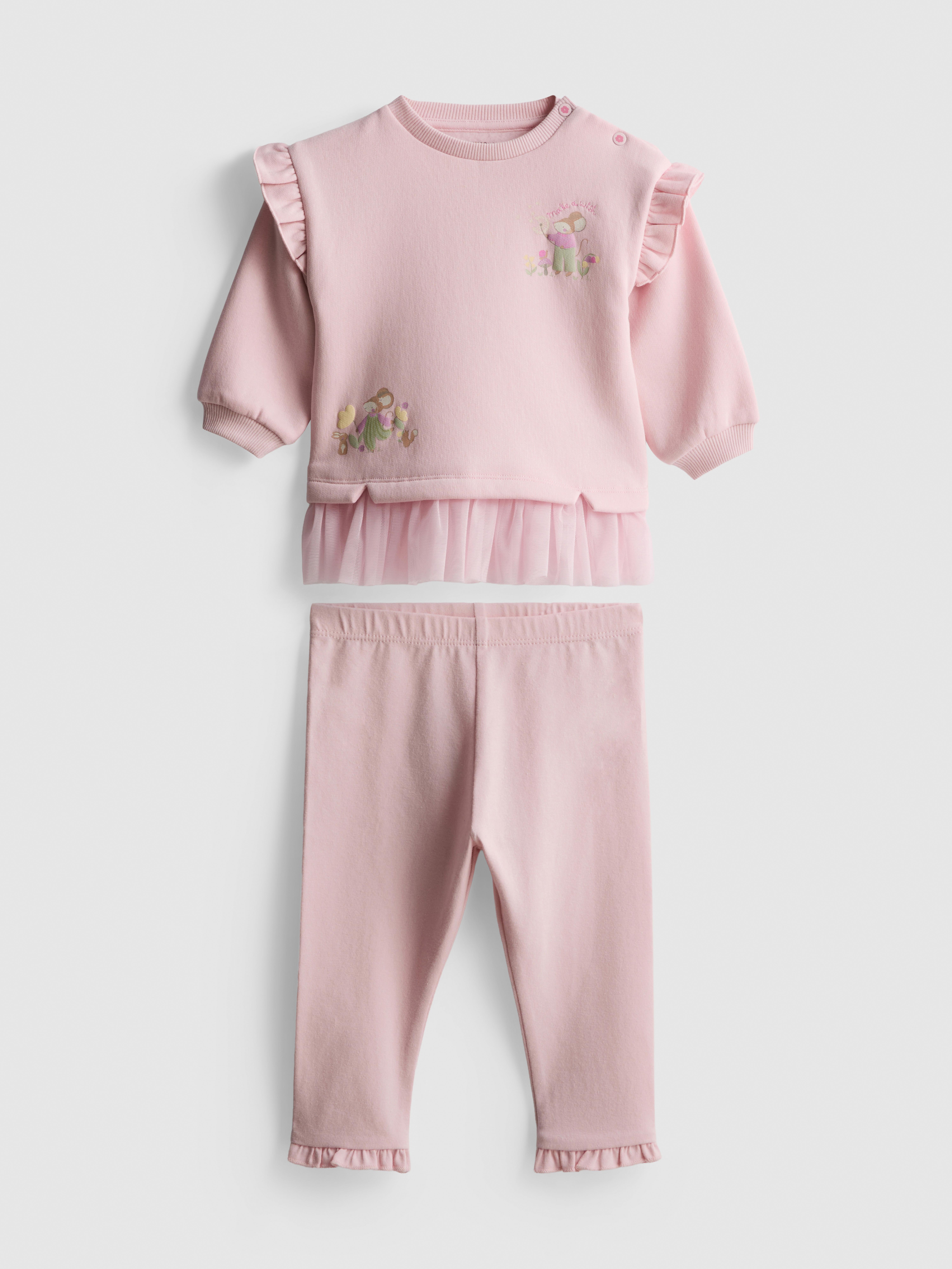 0-18mths | Cotton Rich Mouse Graphic Ruffle Sweatshirt and Joggers Newborn Set