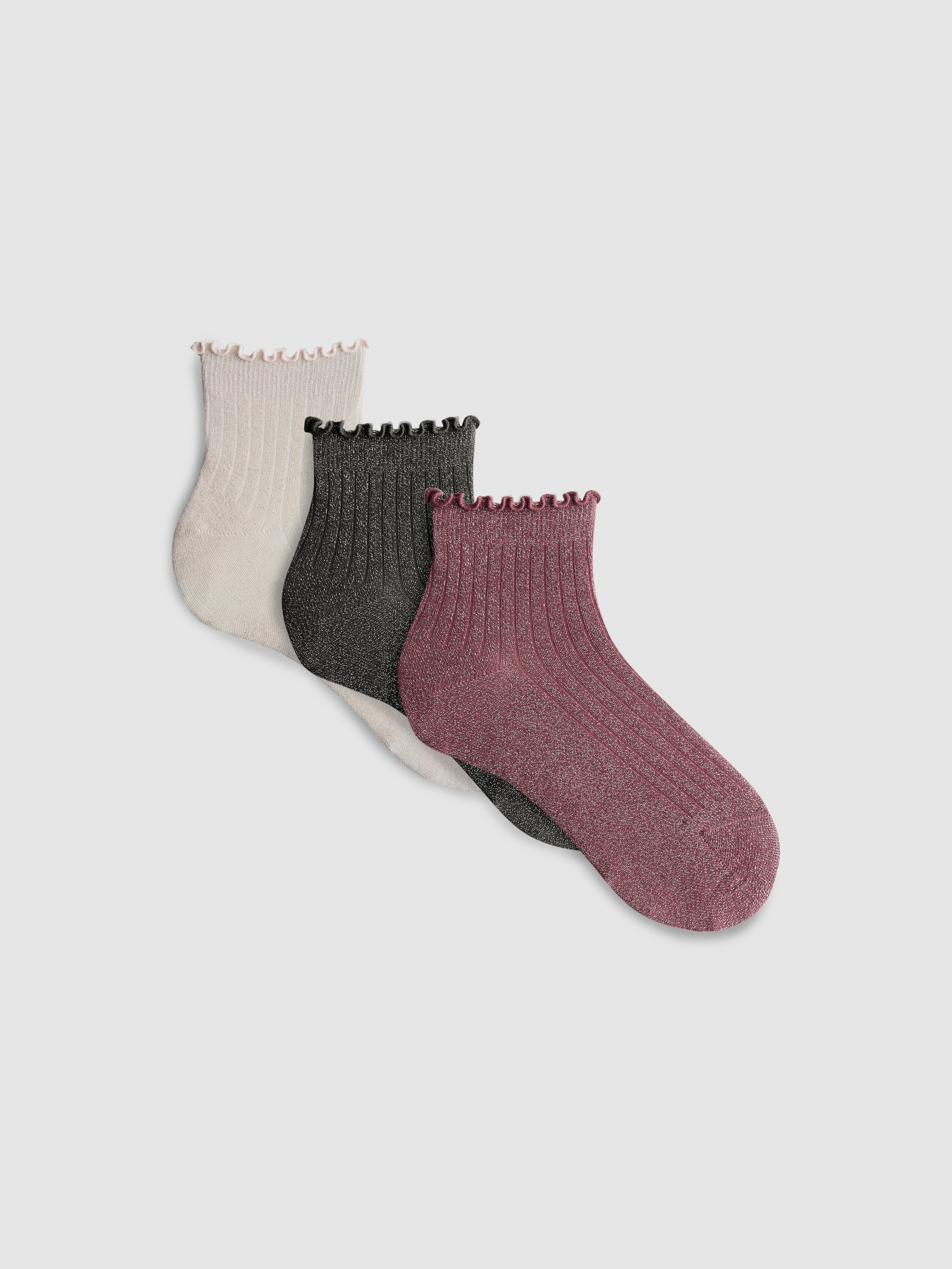 3pk Cotton-Rich Sparkly Ribbed Quarter Socks