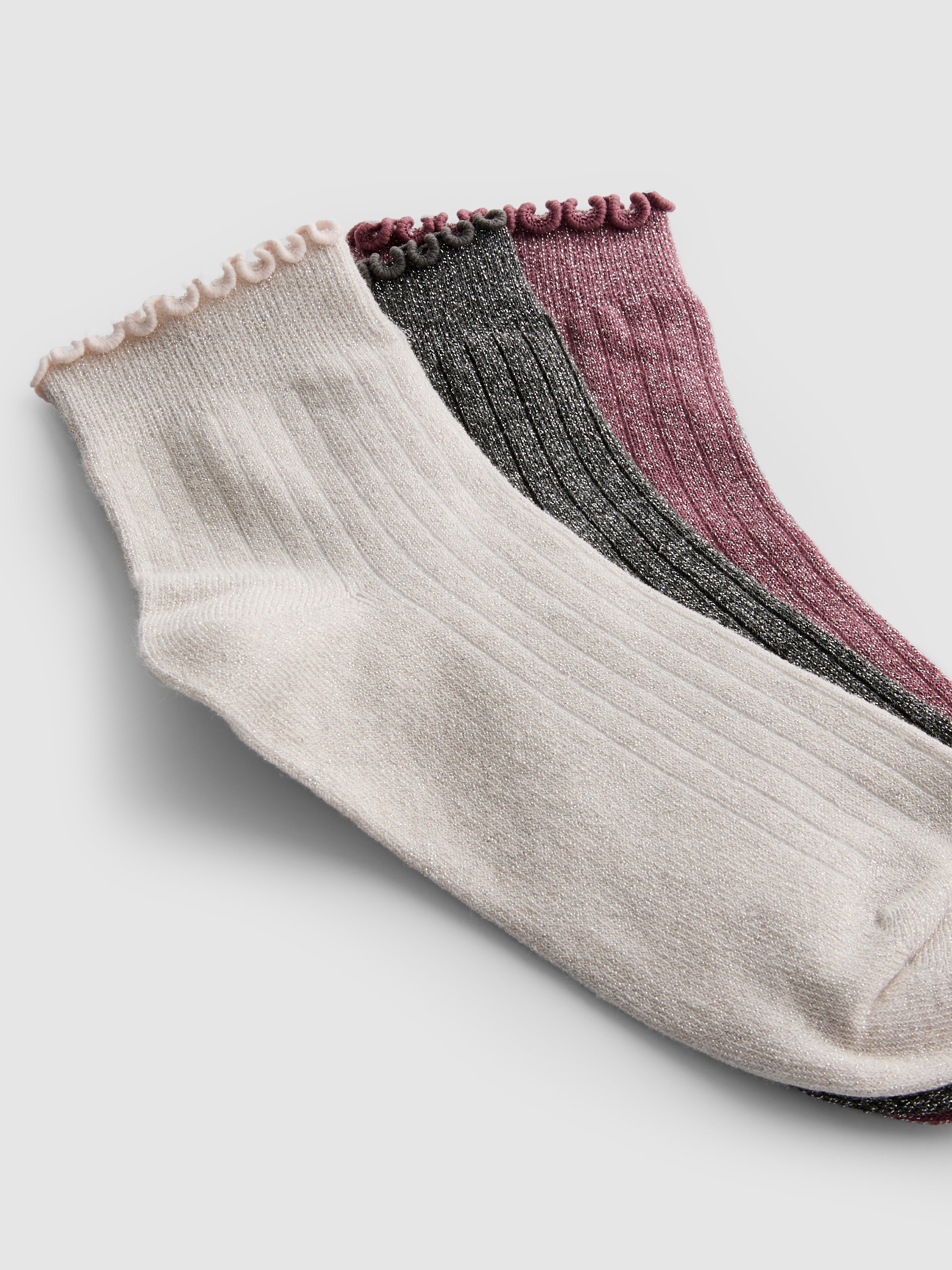 3pk Cotton-Rich Sparkly Ribbed Quarter Socks