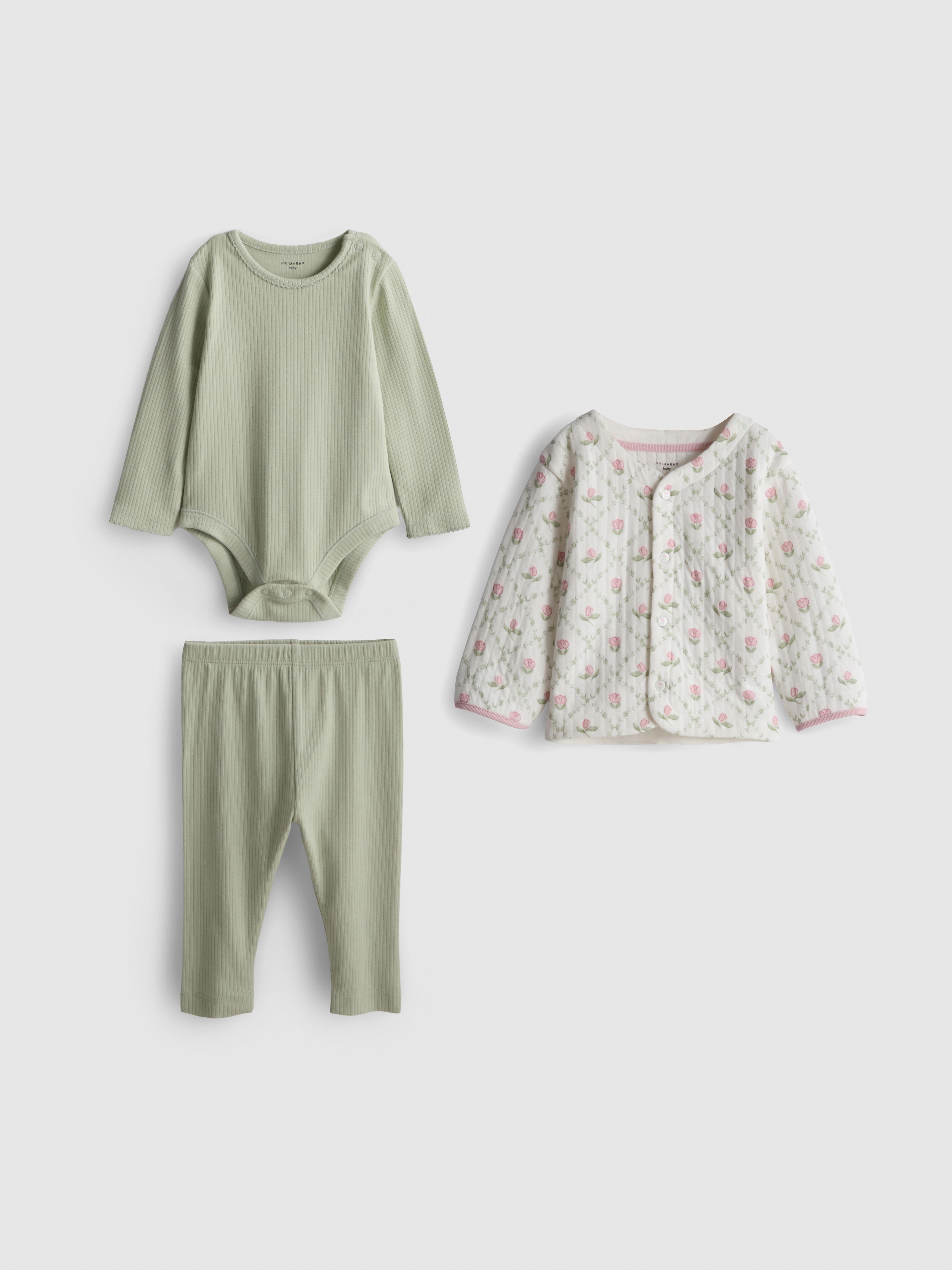 0-18mths | Pure Cotton Onesie, Leggings, and Quilted Jacket Newborn Set