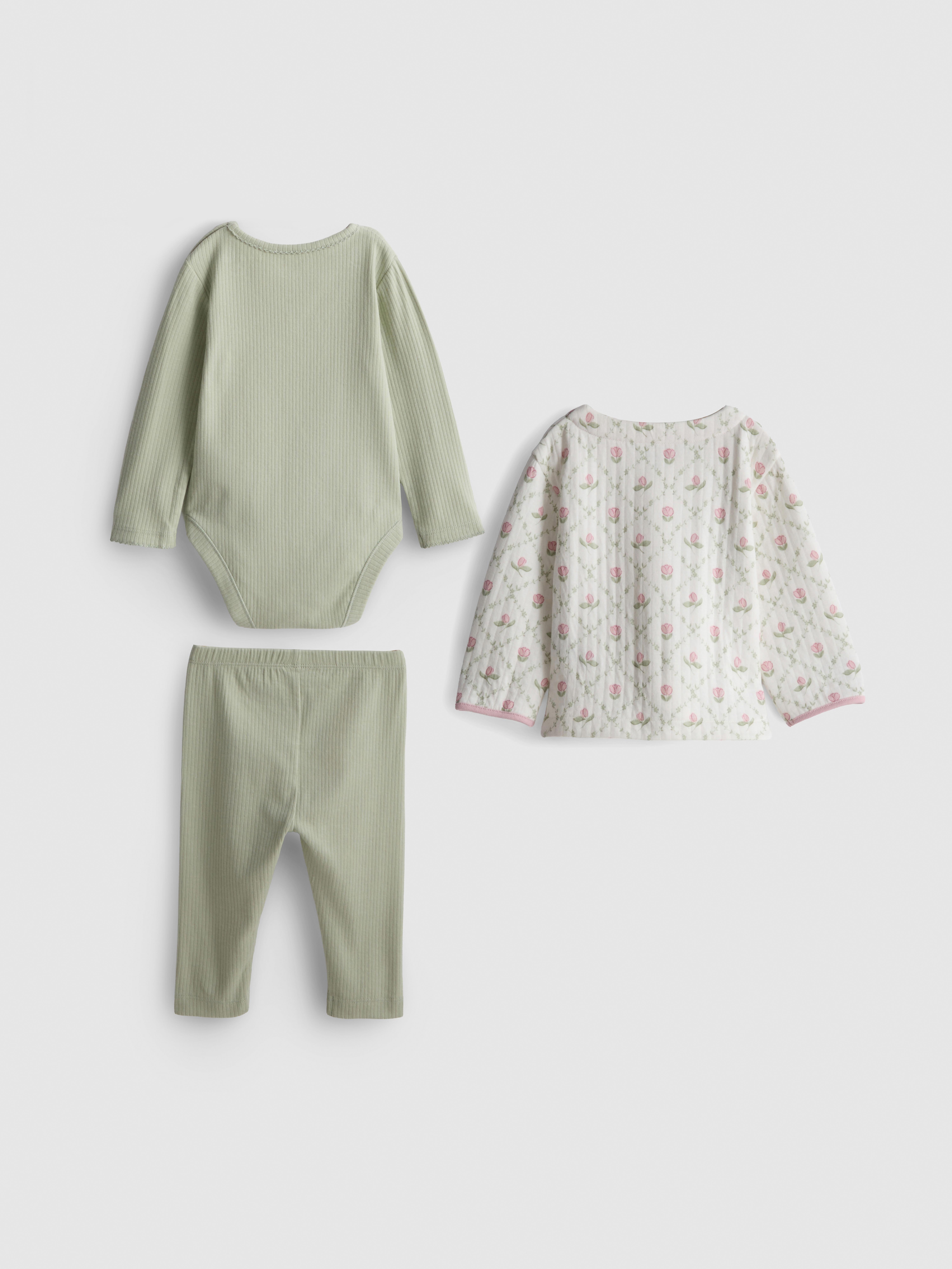 0-18mths | Pure Cotton Onesie, Leggings, and Quilted Jacket Newborn Set