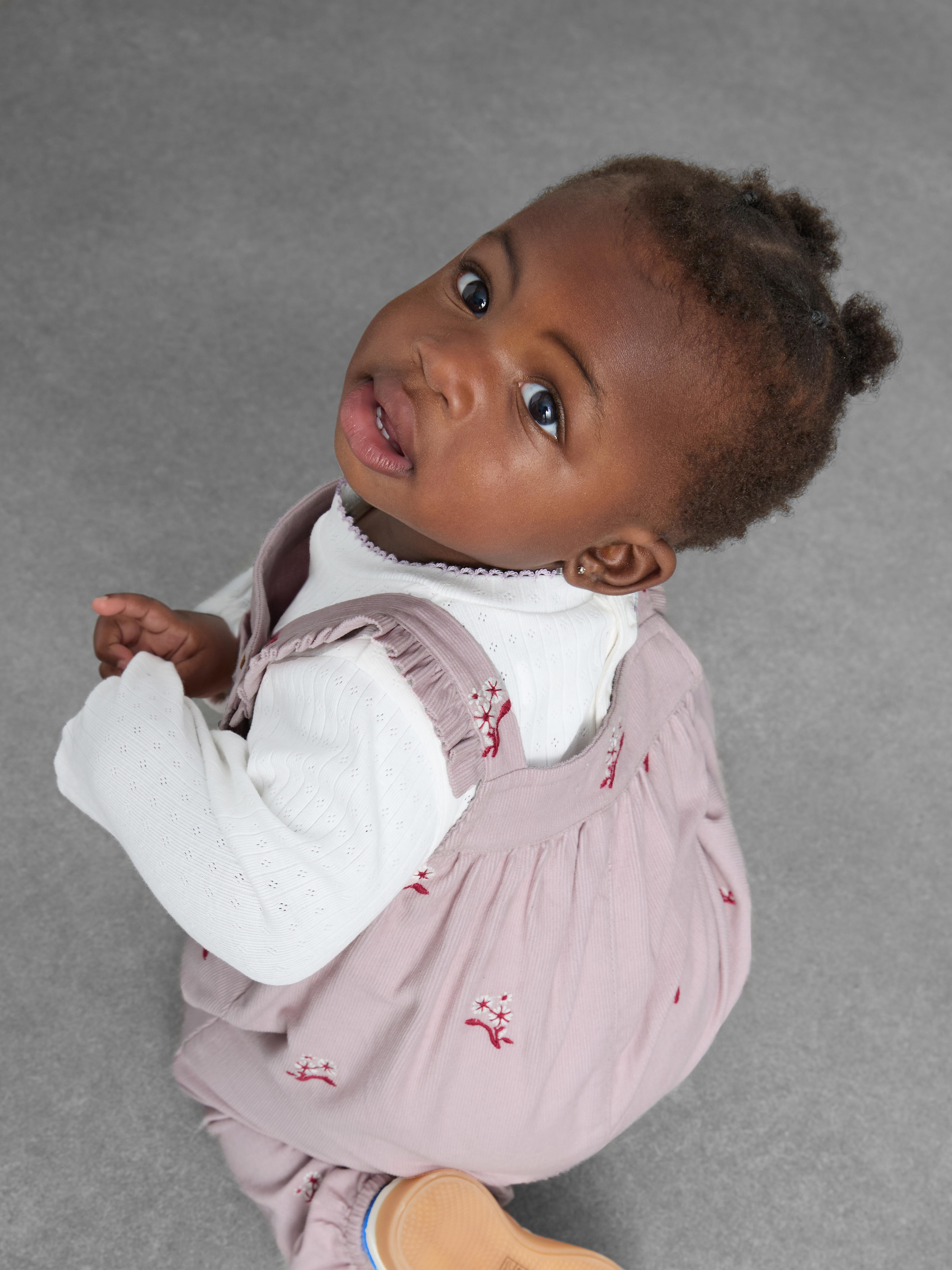 0-18mths | Pointelle Bodysuit and Floral Embroidered Overalls Newborn Set
