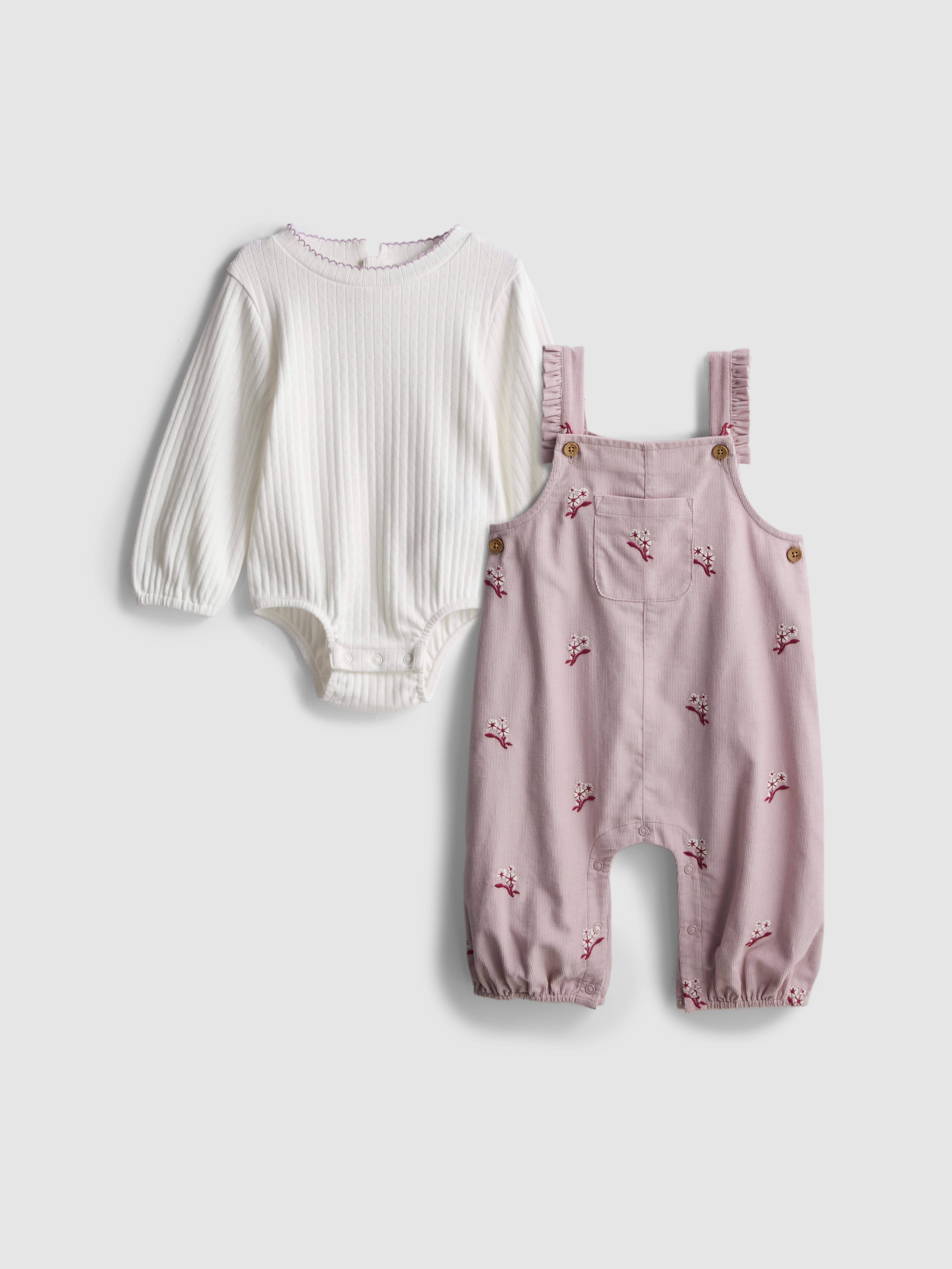 0-18mths | Pointelle Bodysuit and Floral Embroidered Dungarees Newborn Set