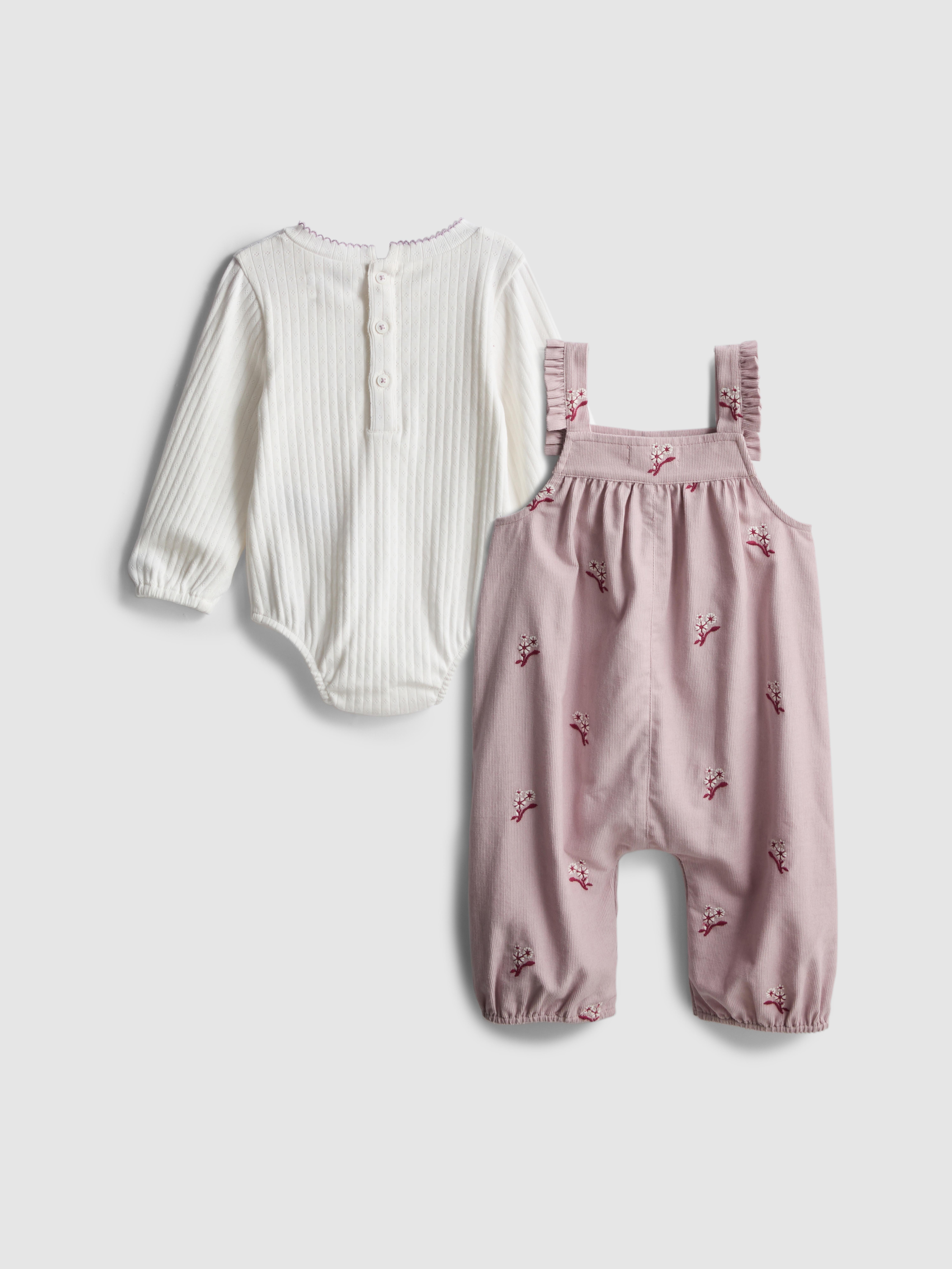 0-18mths | Pointelle Bodysuit and Floral Embroidered Overalls Newborn Set