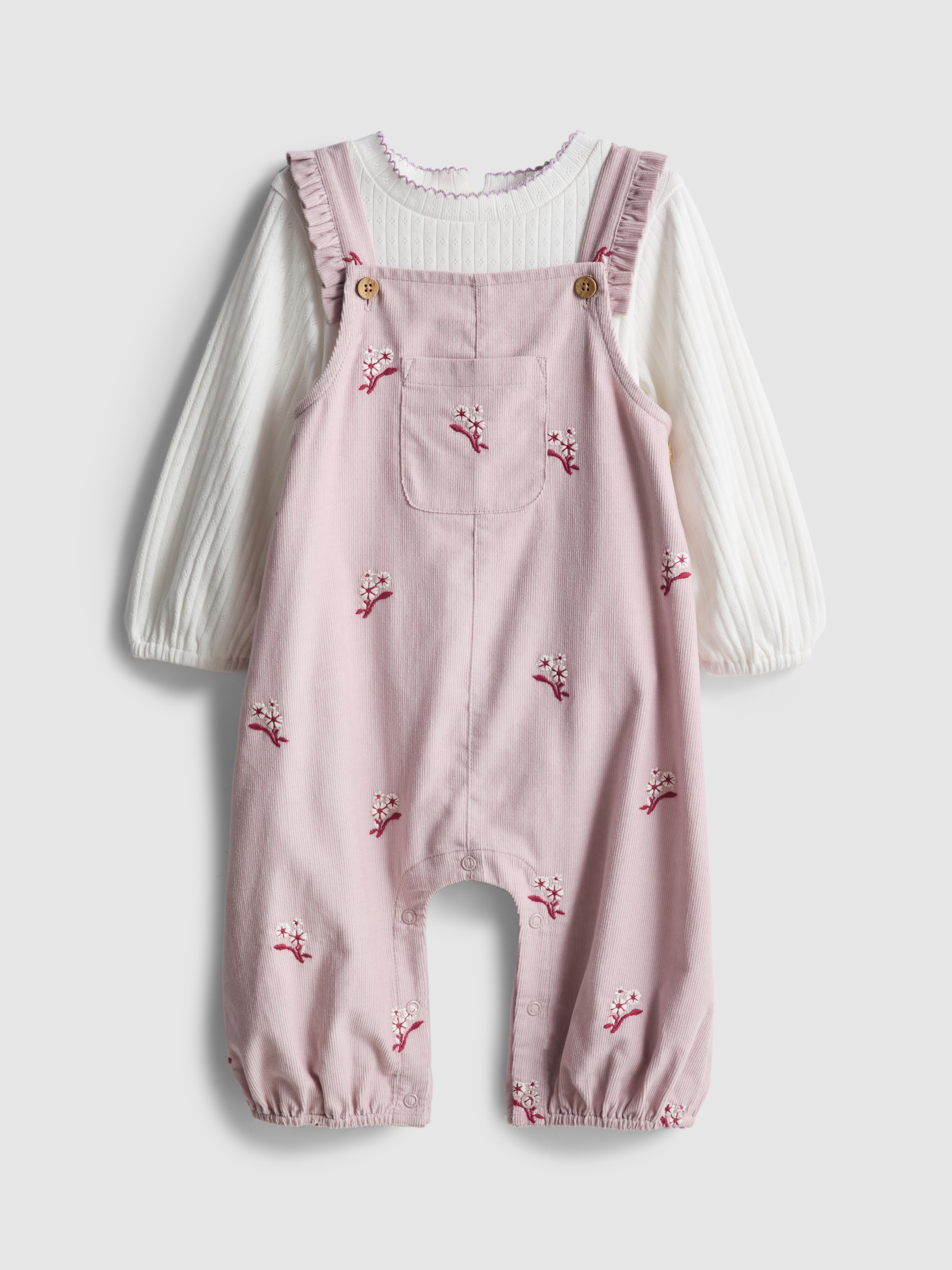 0-18mths | Pointelle Bodysuit and Floral Embroidered Overalls Newborn Set