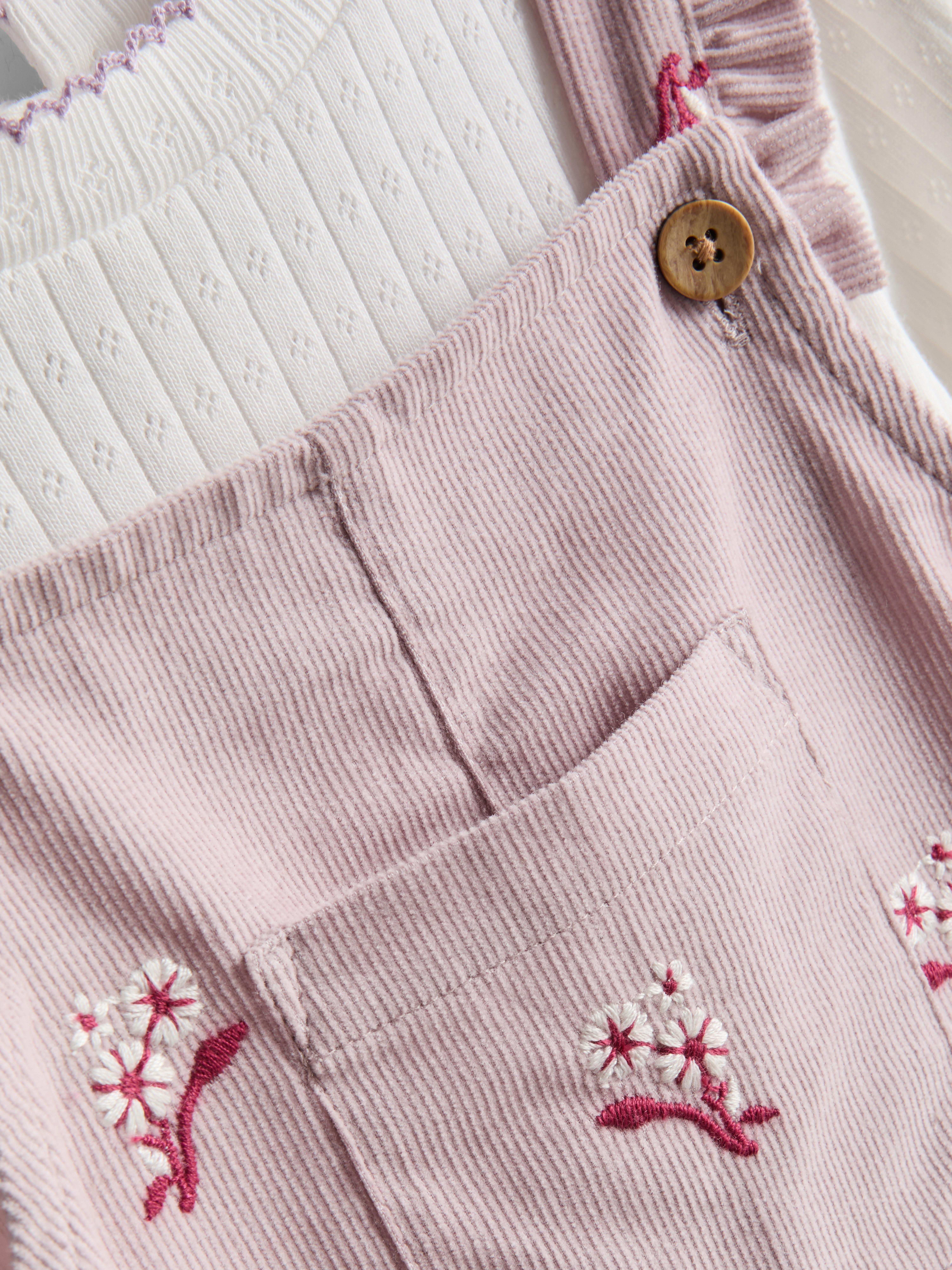 0-18mths | Pointelle Bodysuit and Floral Embroidered Overalls Newborn Set