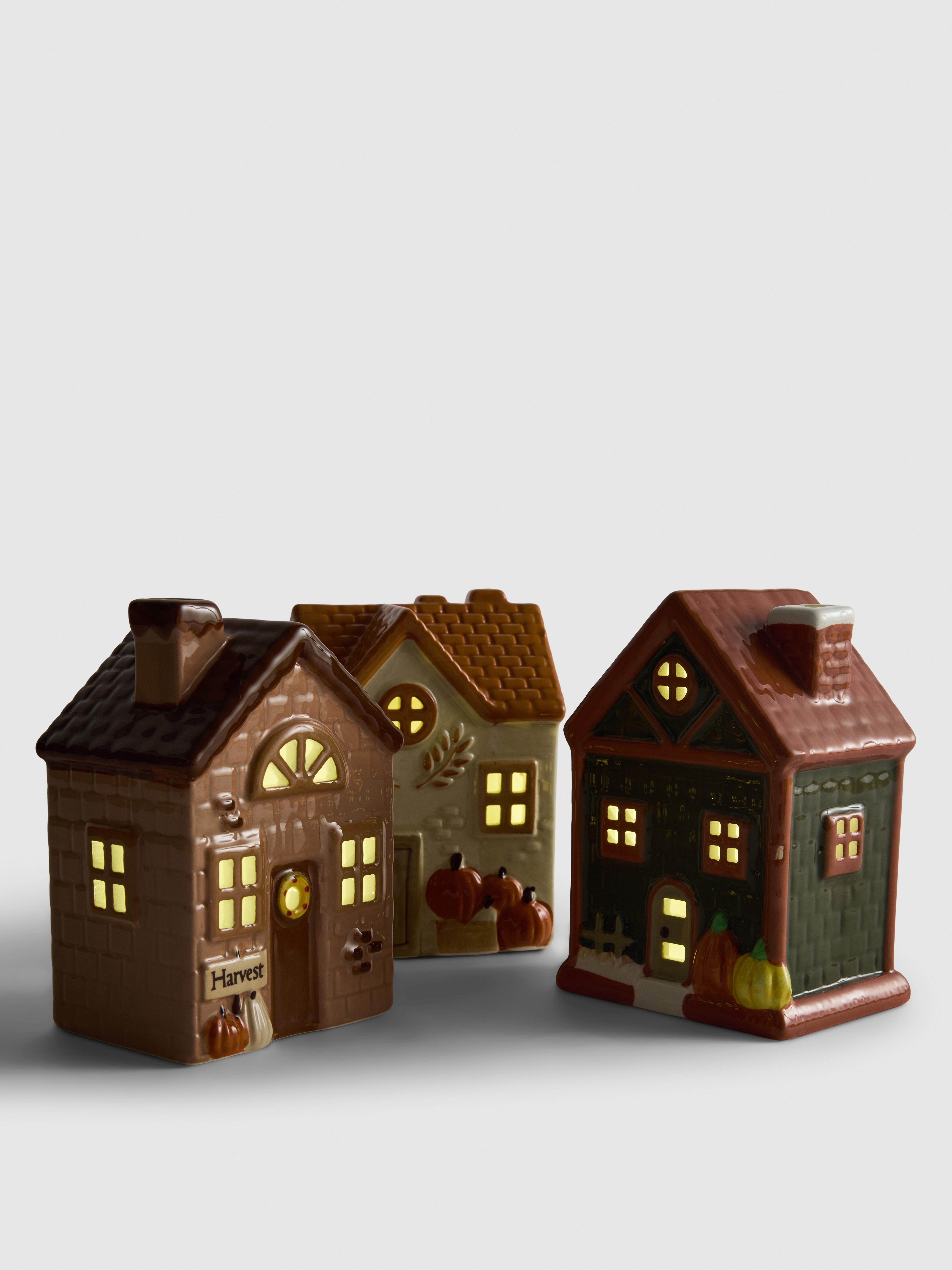 Keramische decoratiehuisjes in oogstthema, set van 3