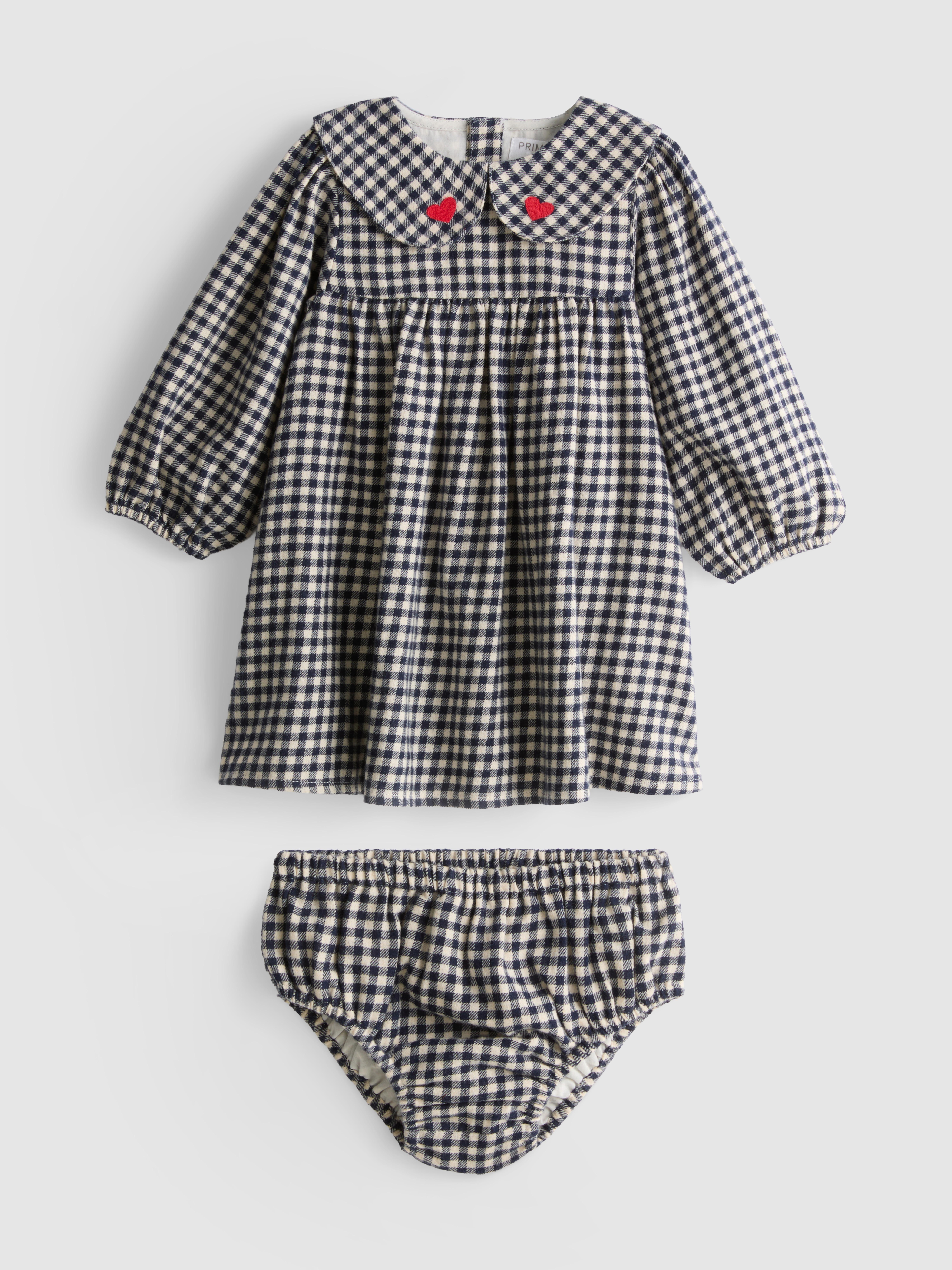 0-18mths | Gingham Collared Smock Dress and Bloomers Newborn Set